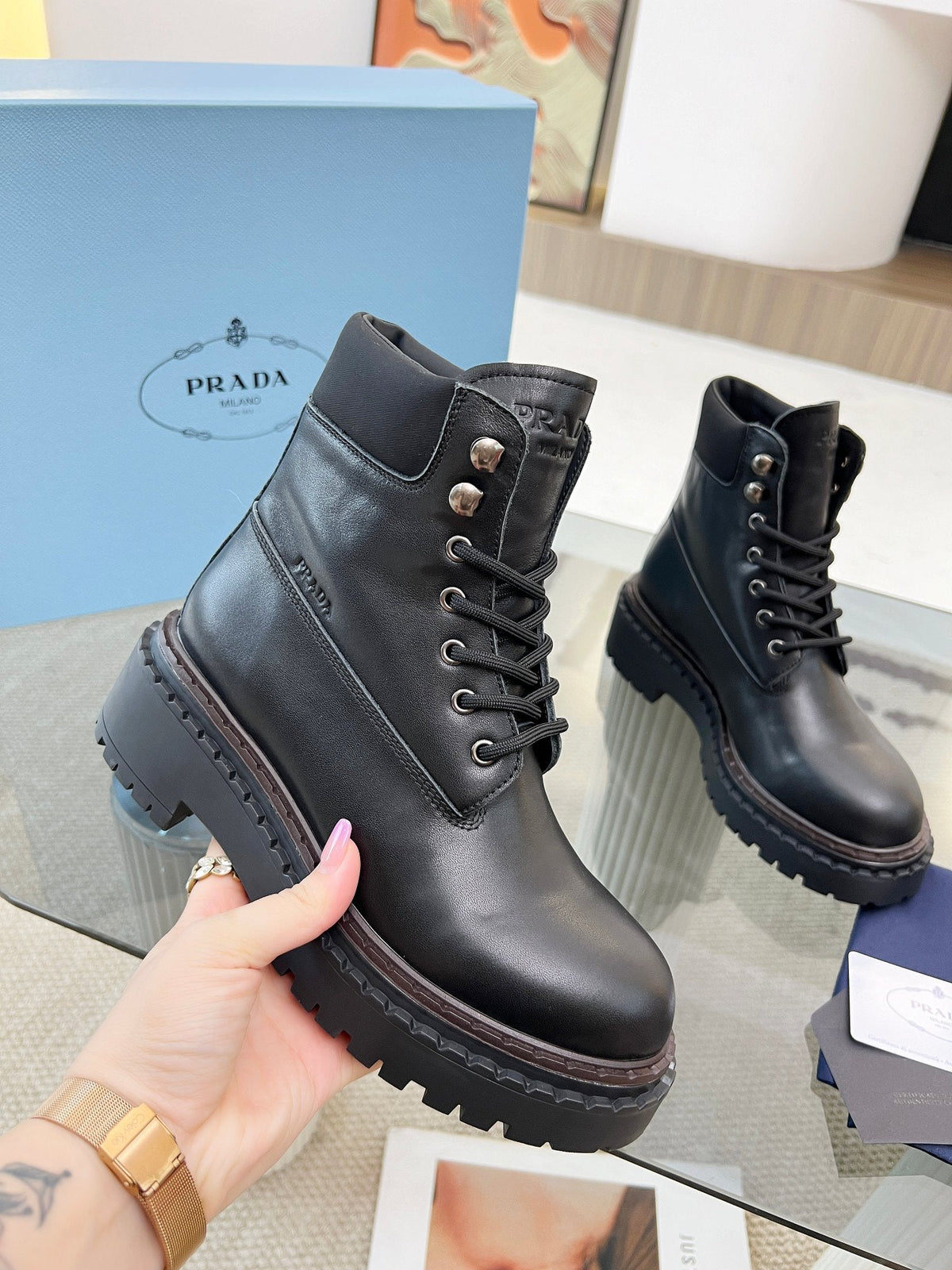 Prada 26s Combat Boots Black Leather 140471