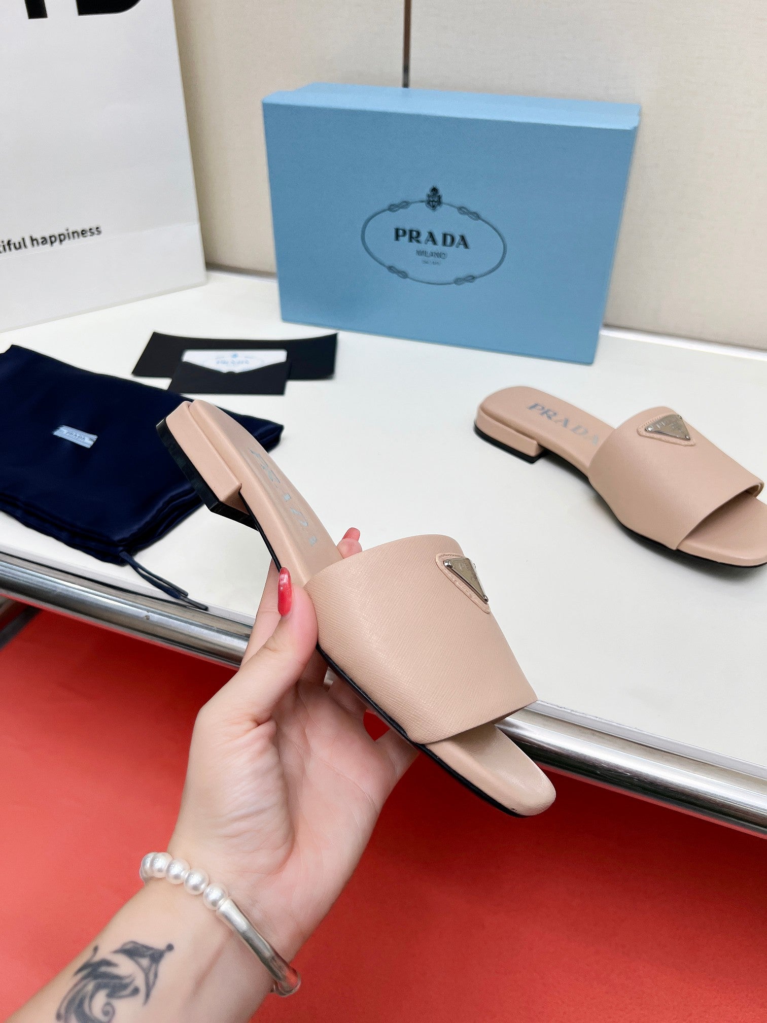 Prada 26s Saffiano Slides Powder Pink Leather 986629