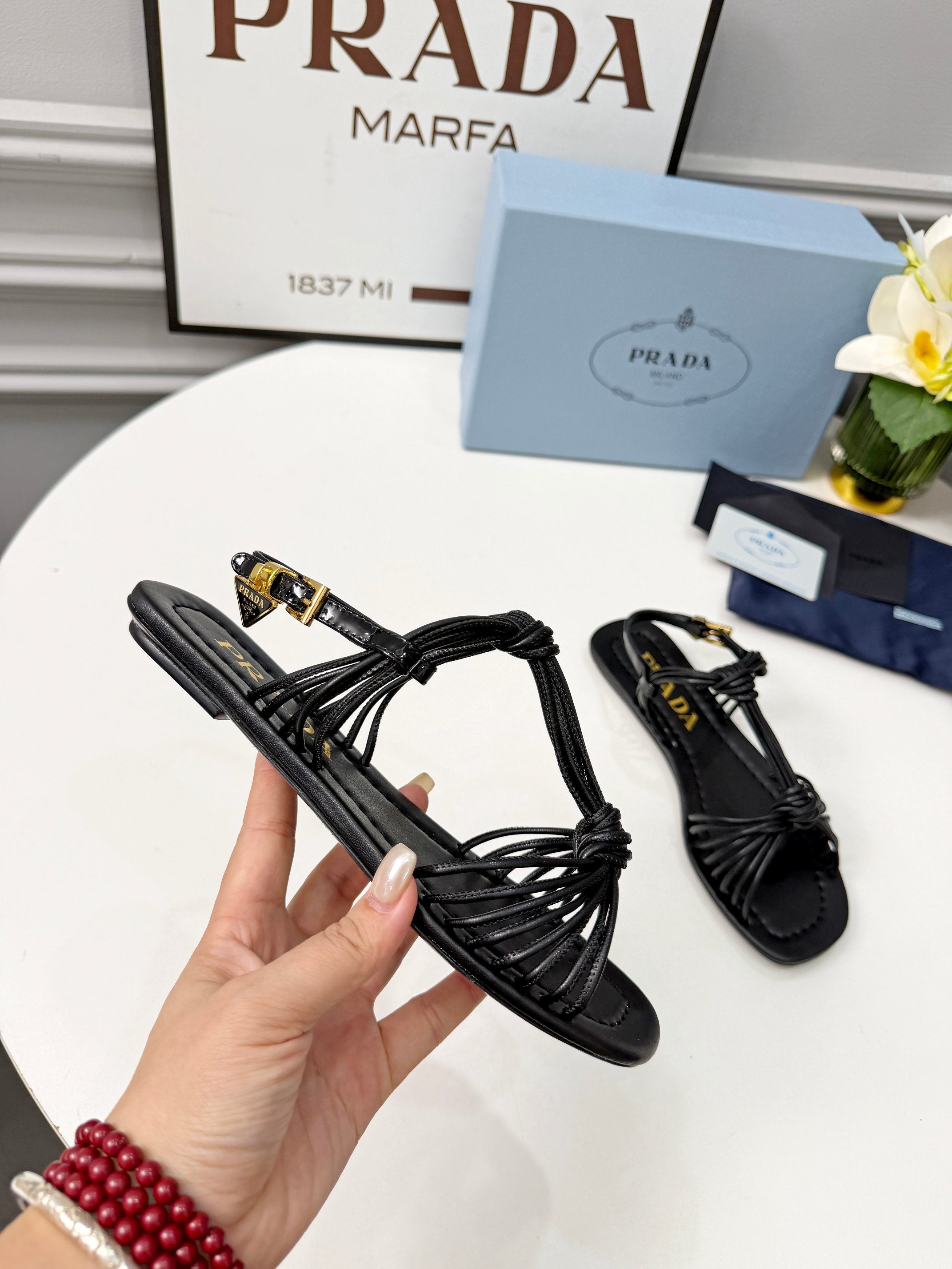 Prada 26s Knotted Metallic Leather Flat Sandals Black Leather 986575