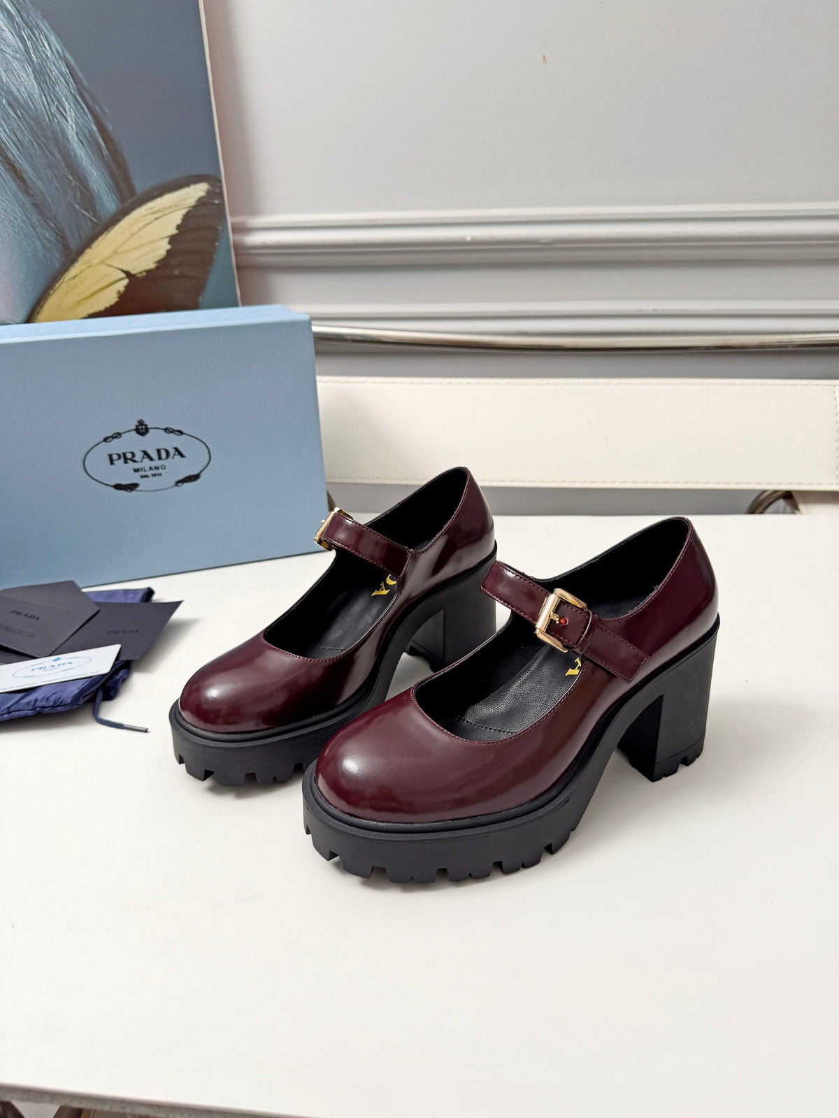 Prada Mary Jane Platform Pumps Burgundy Patent Leather 118329
