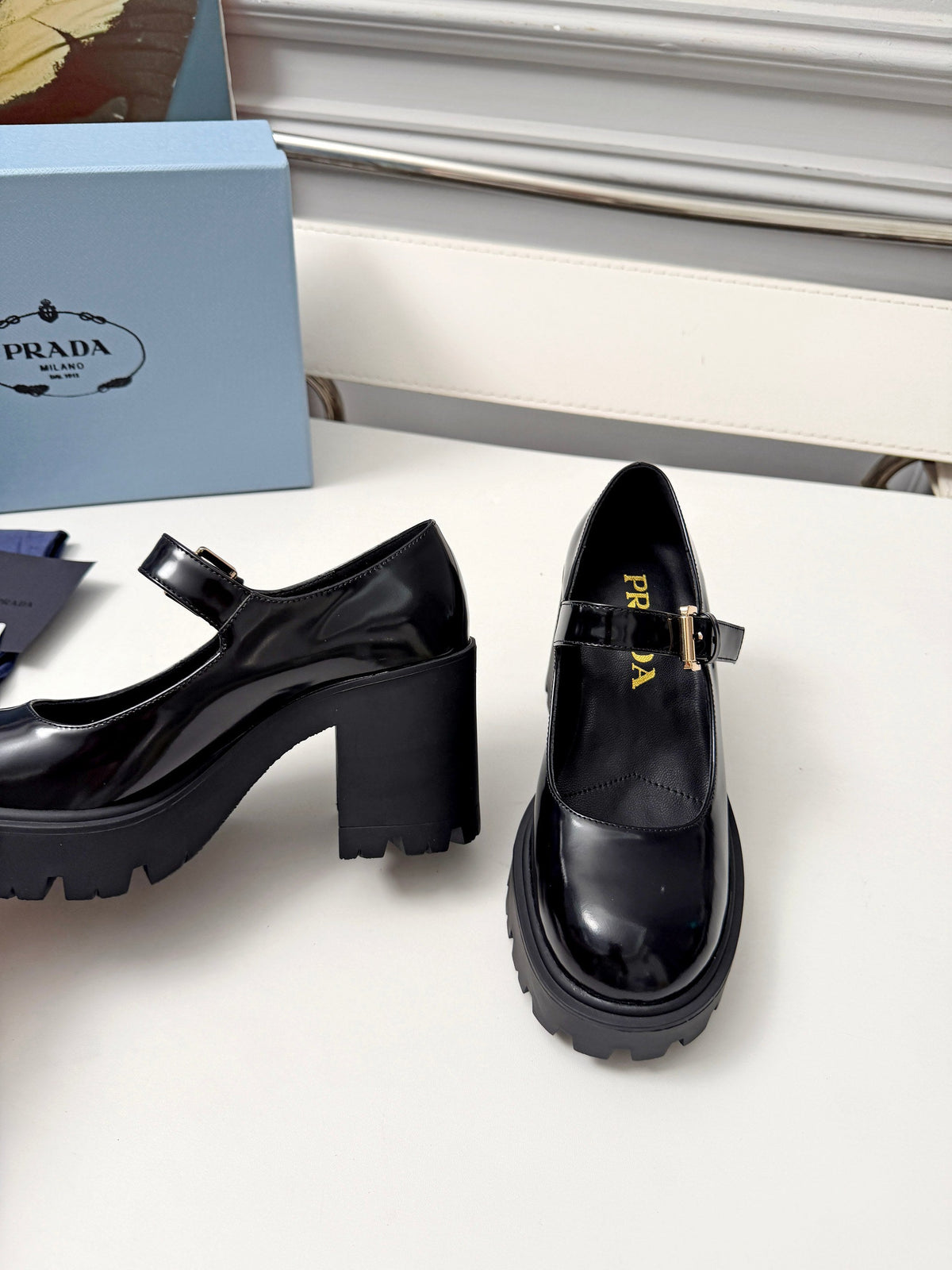 Prada Mary Jane Platform Pumps Black Patent Leather 118330