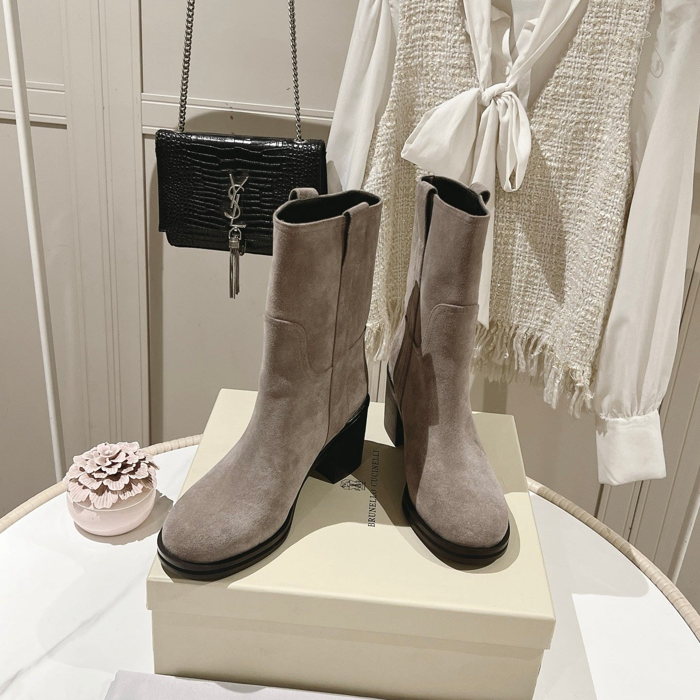 Brunello Chunky Heel Elegant Mid-Calf Boots Taupe Suede 929301