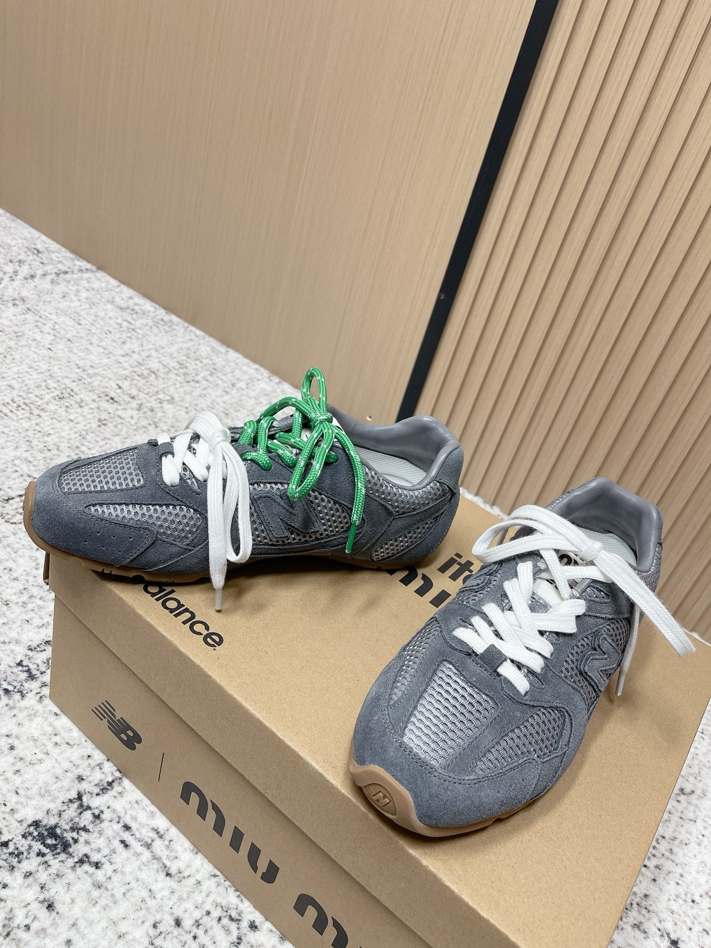MiuMiu x New Balance Casual Sneakers Gray White Green Patent Leather and Mesh 533992