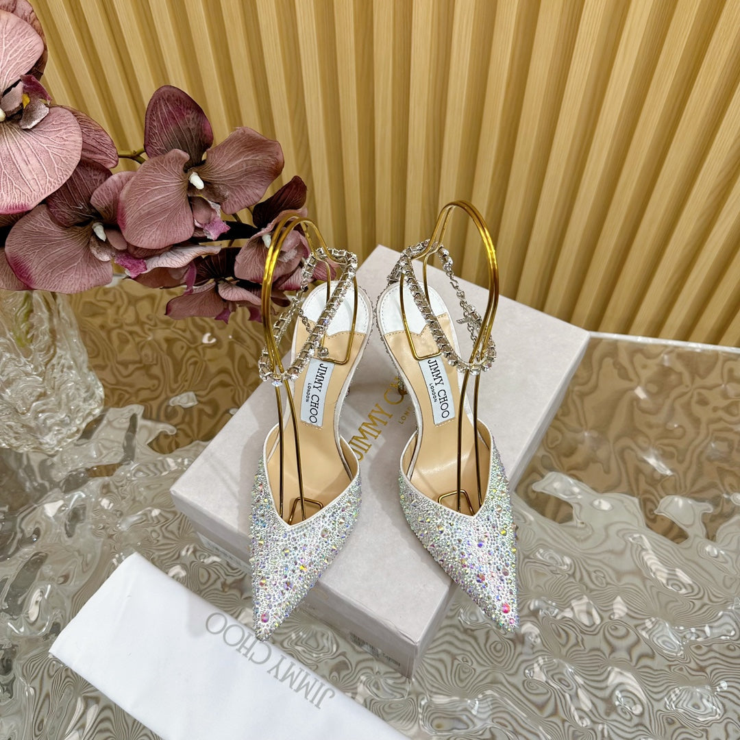 Jimmy Saeda 100mm In White Silver Satin Pumps With Crystal Embellishment 641056