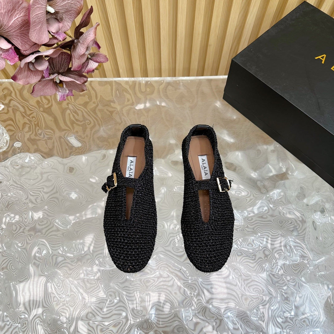 Alaia Ballet Flats In Black Stretch Woven Sedge 102276