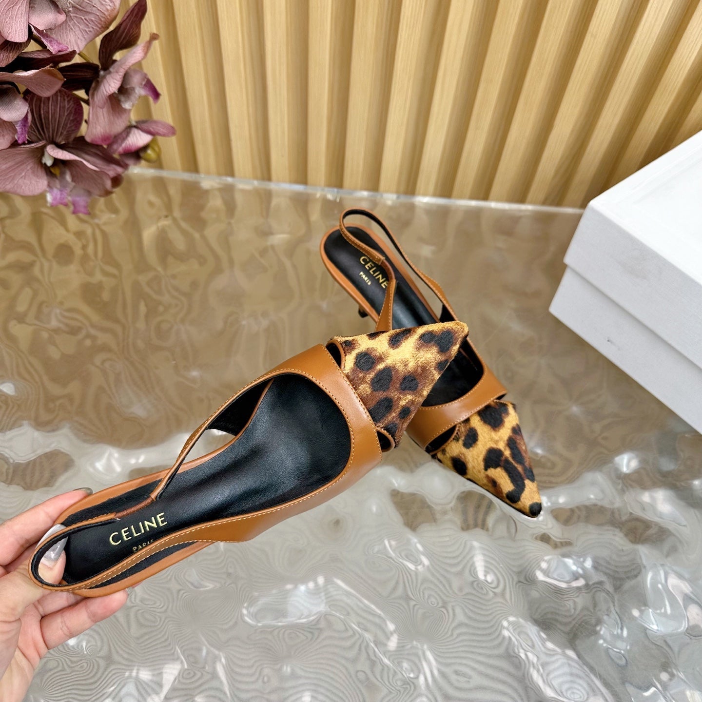 CL Judy Cap Toe Skingback 60mm In Tan Calfskin And Leopard Printed Hairy Calfskin 313783