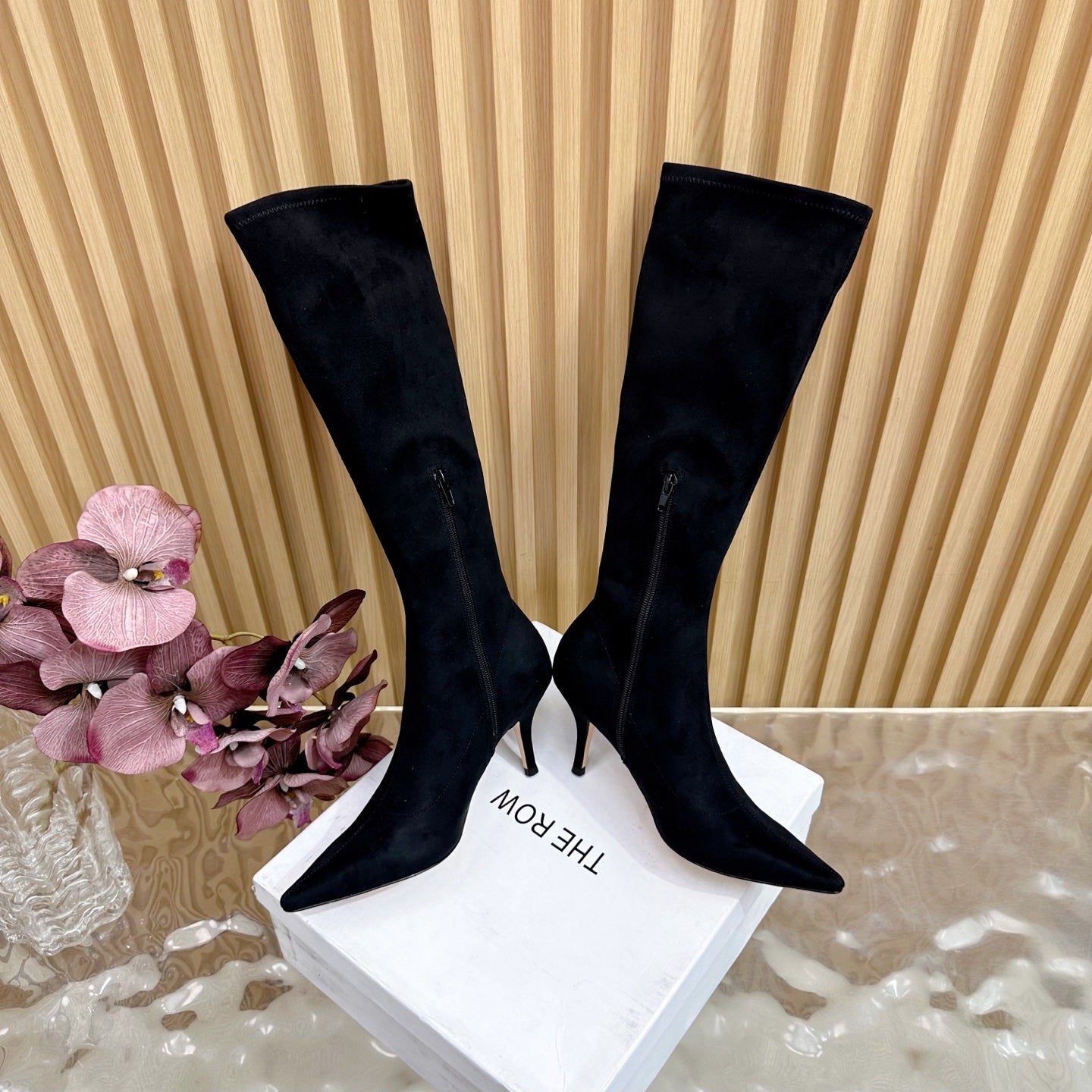 The Row Pointed-toe Knee-high Boots 70mm Black Suede 436639