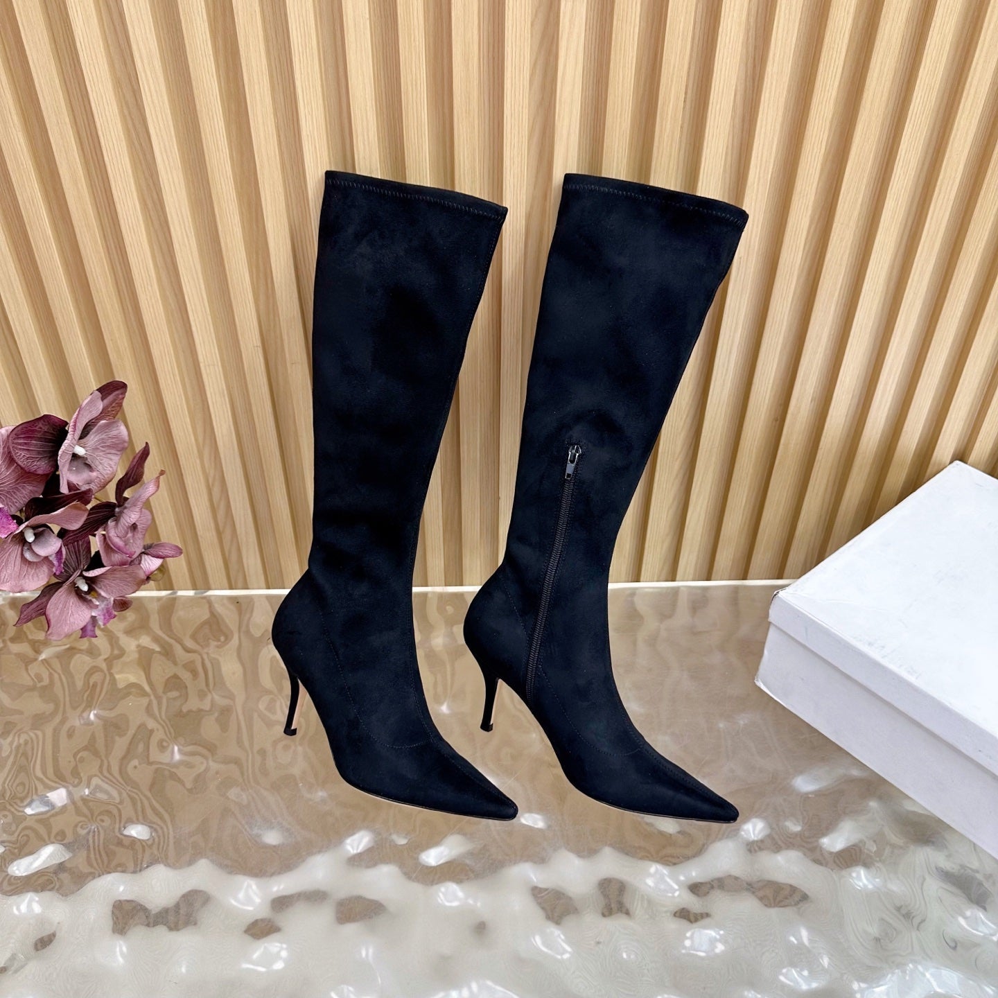 The Row Pointed-toe Knee-high Boots 70mm Black Suede 436639