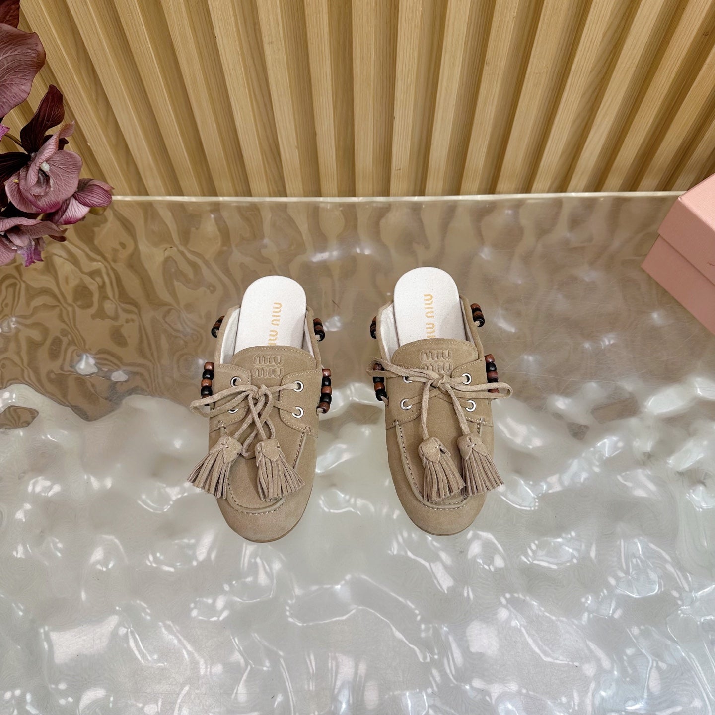 Miu Laces Eyelet Flat Half Slipper Beige Suede 498161