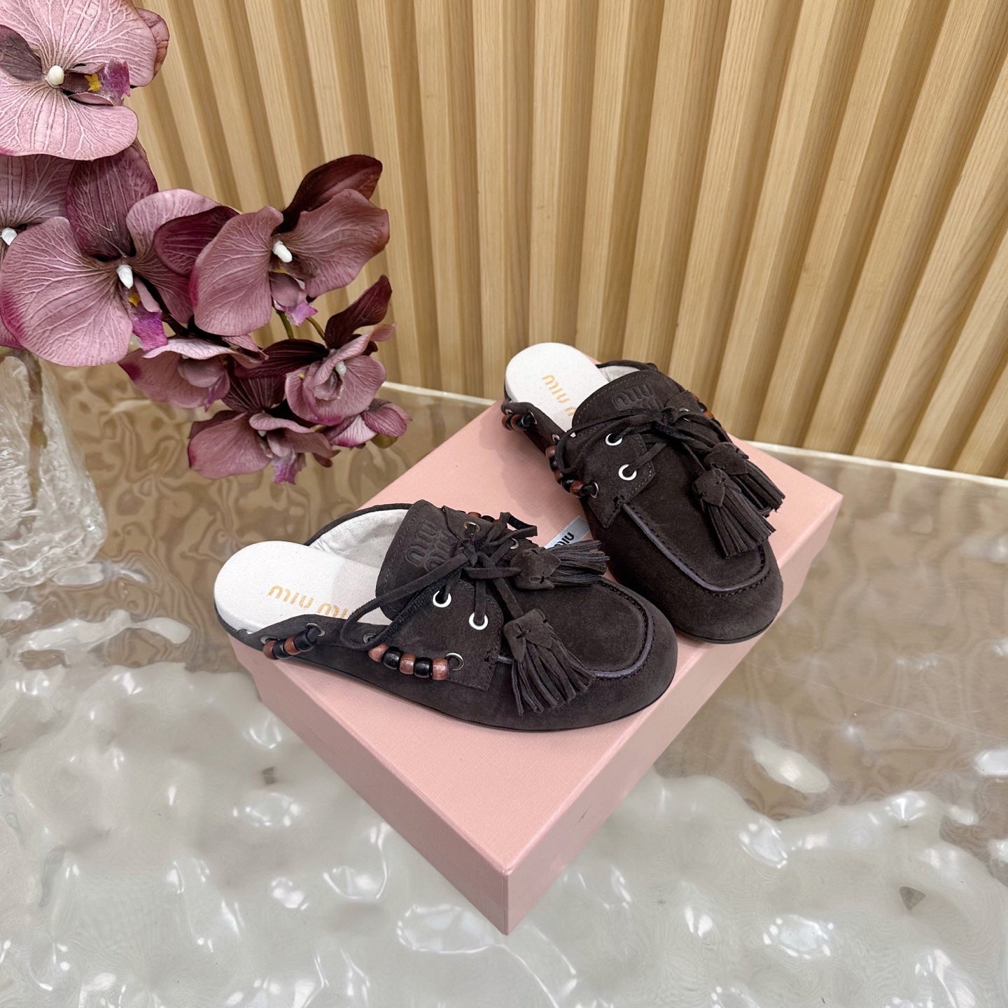 Miu Laces Eyelet Flat Half Slipper Deep Reddish Brown Sheepskin 498165