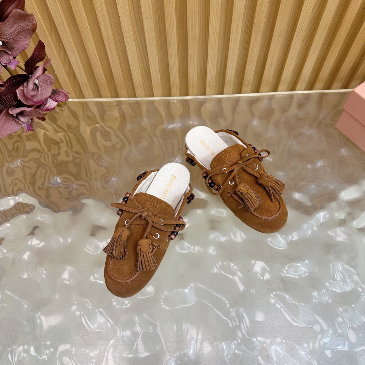 Miu Laces Eyelet Flat Half Slipper Dark Brown Suede 498163