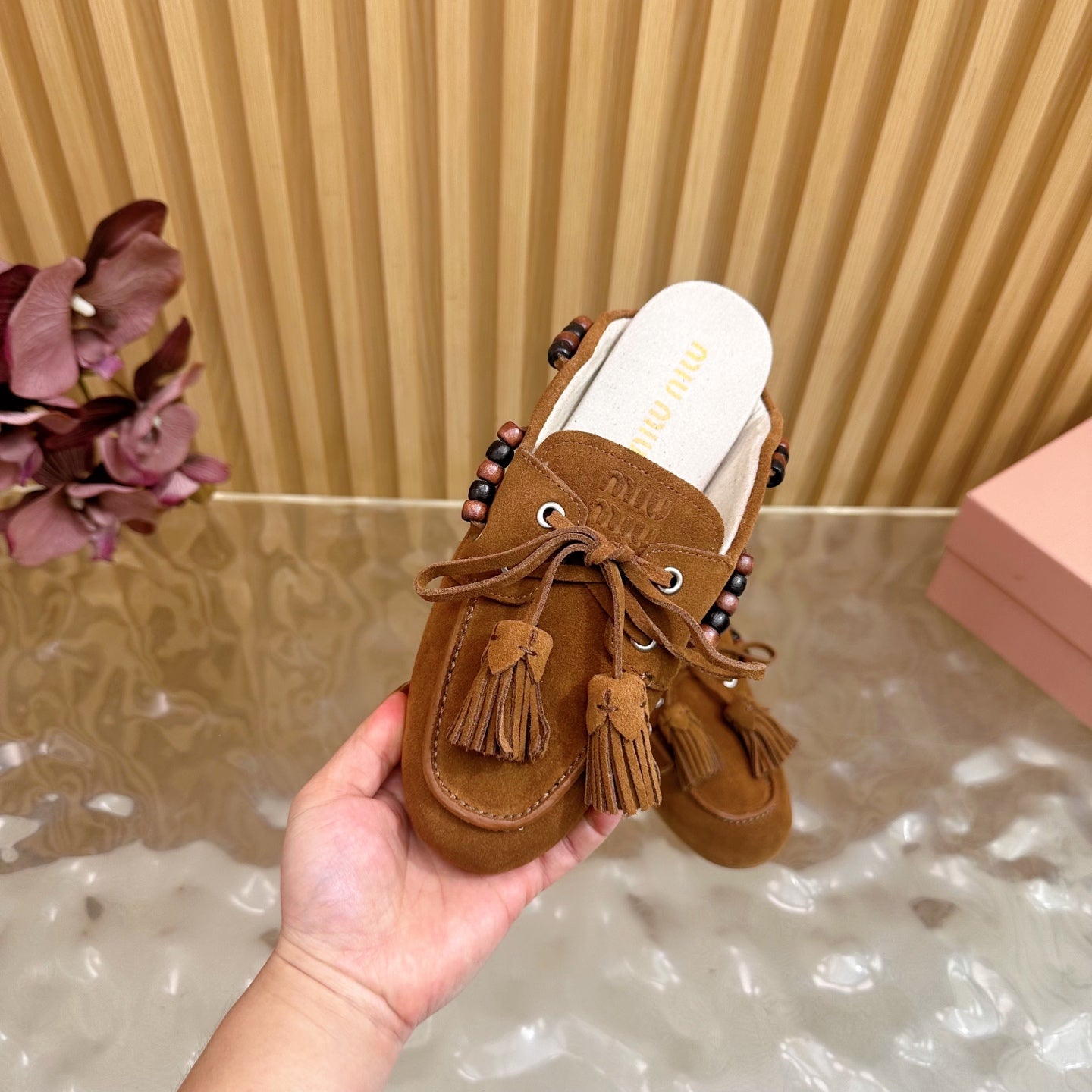 Miu Laces Eyelet Flat Half Slipper Dark Brown Suede 498163