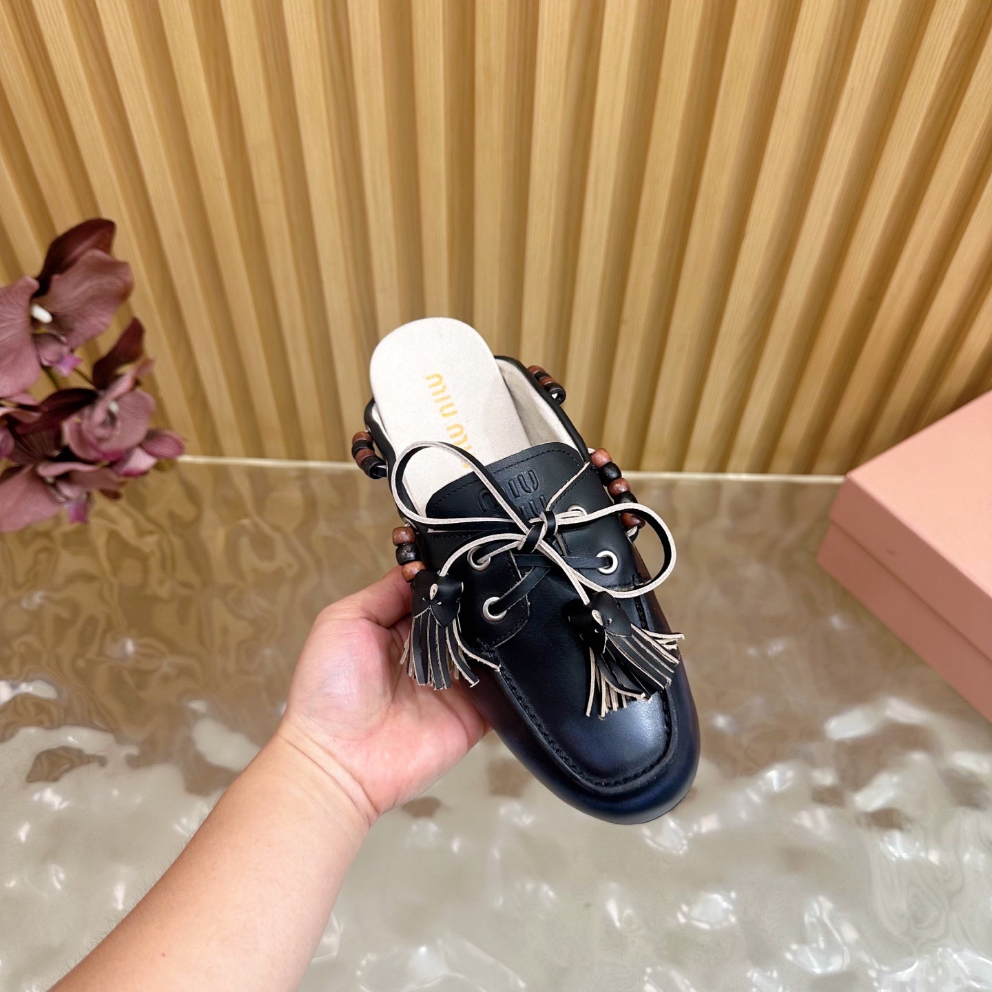 Miu Laces Eyelet Flat Half Slipper Black Sheepskin 498164