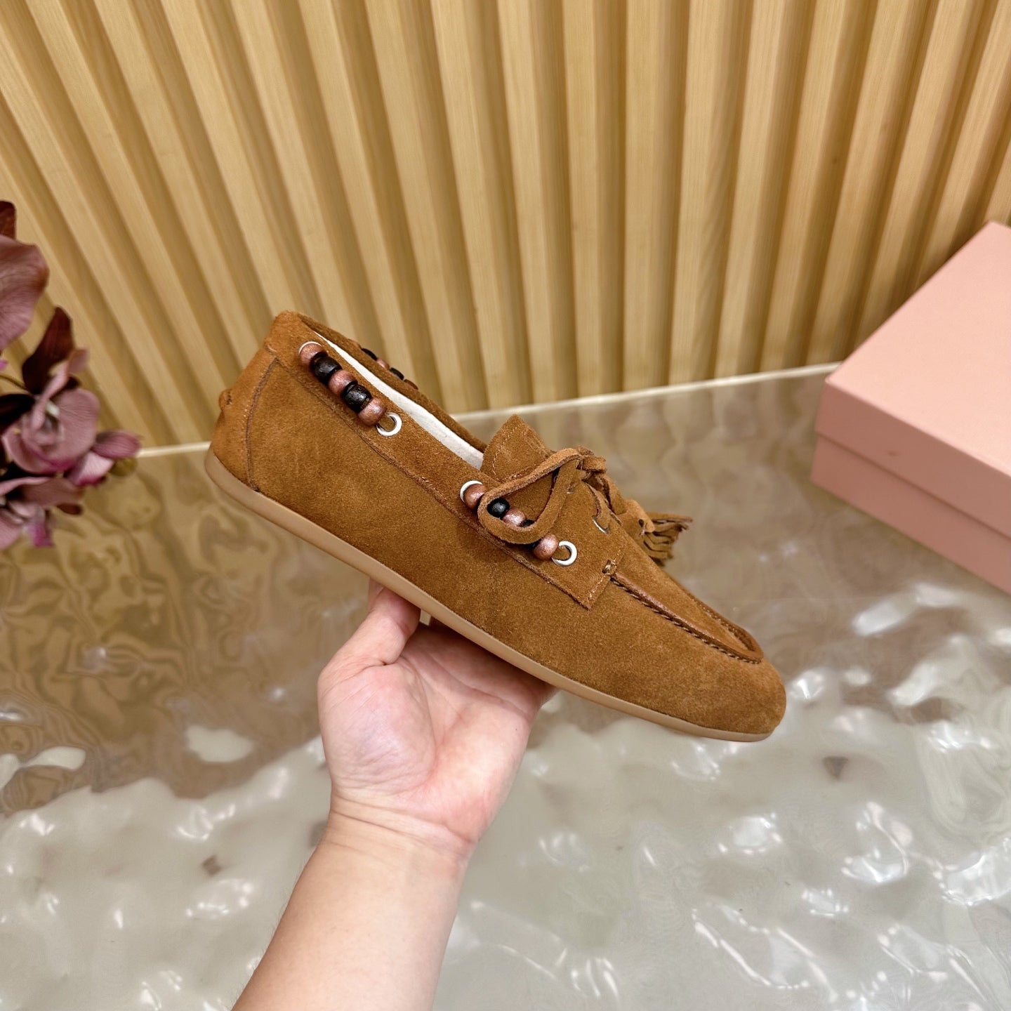 Miu Laces Eyelet Flat Loafer Deep Brown Suede 498167