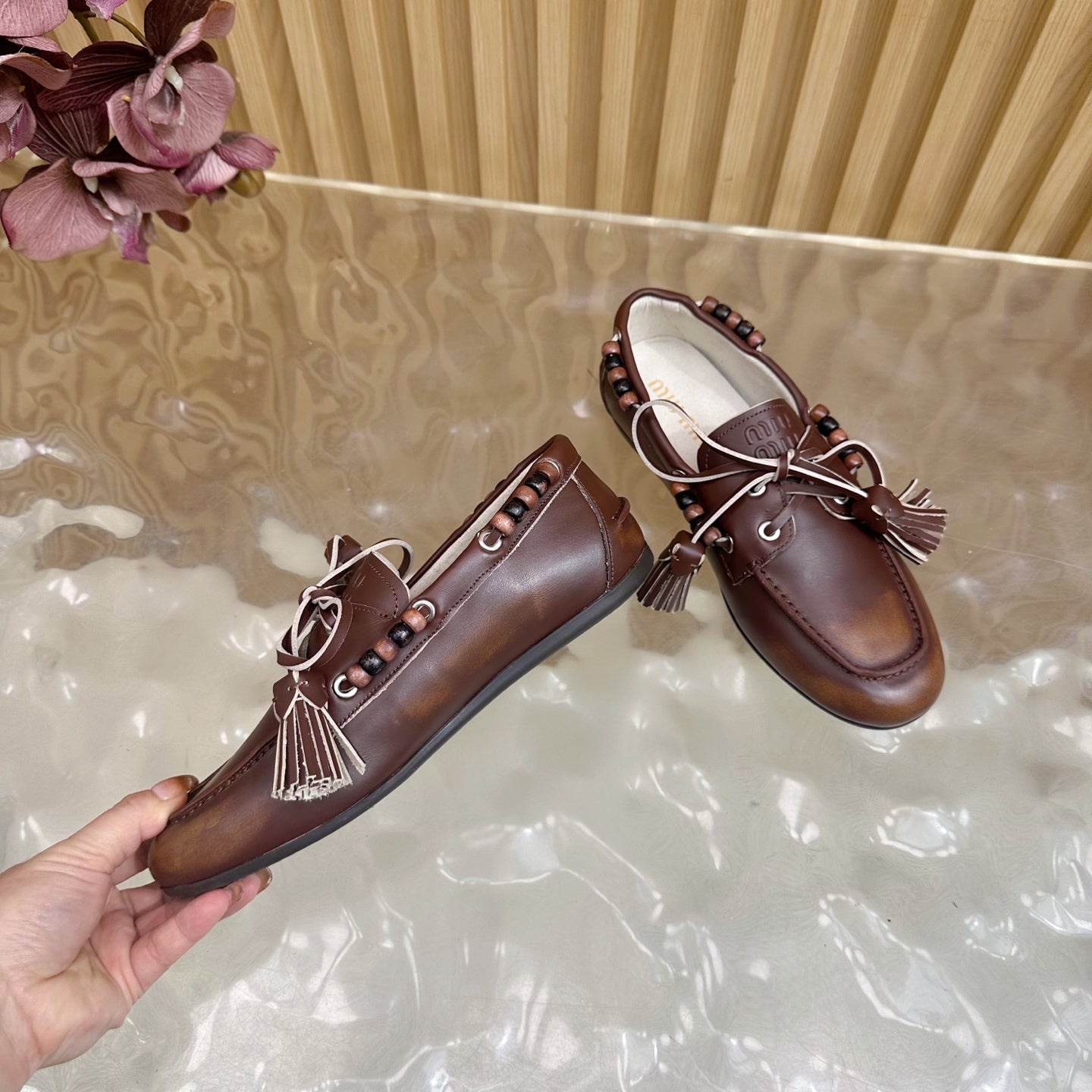 Miu Laces Eyelet Flat Loafer Deep Reddish Brown Sheepskin 498169