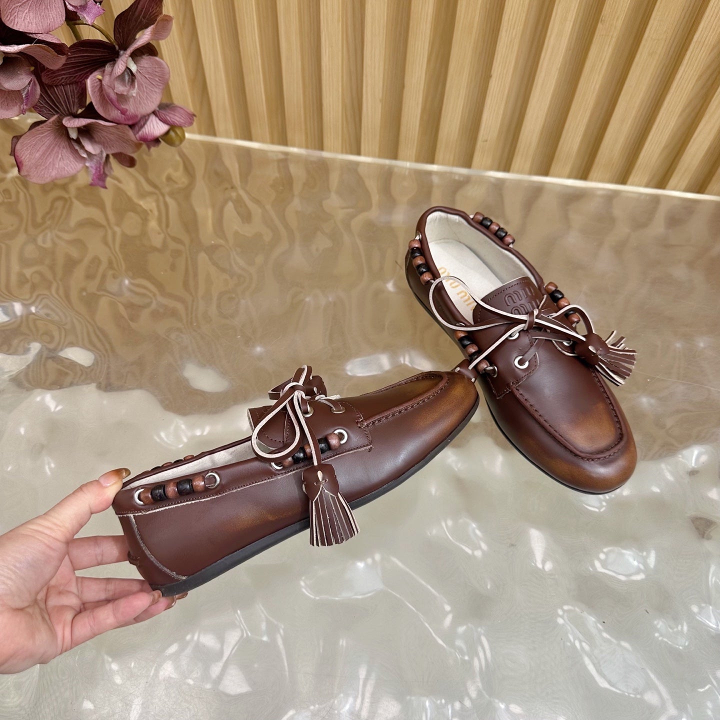Miu Laces Eyelet Flat Loafer Deep Reddish Brown Sheepskin 498169