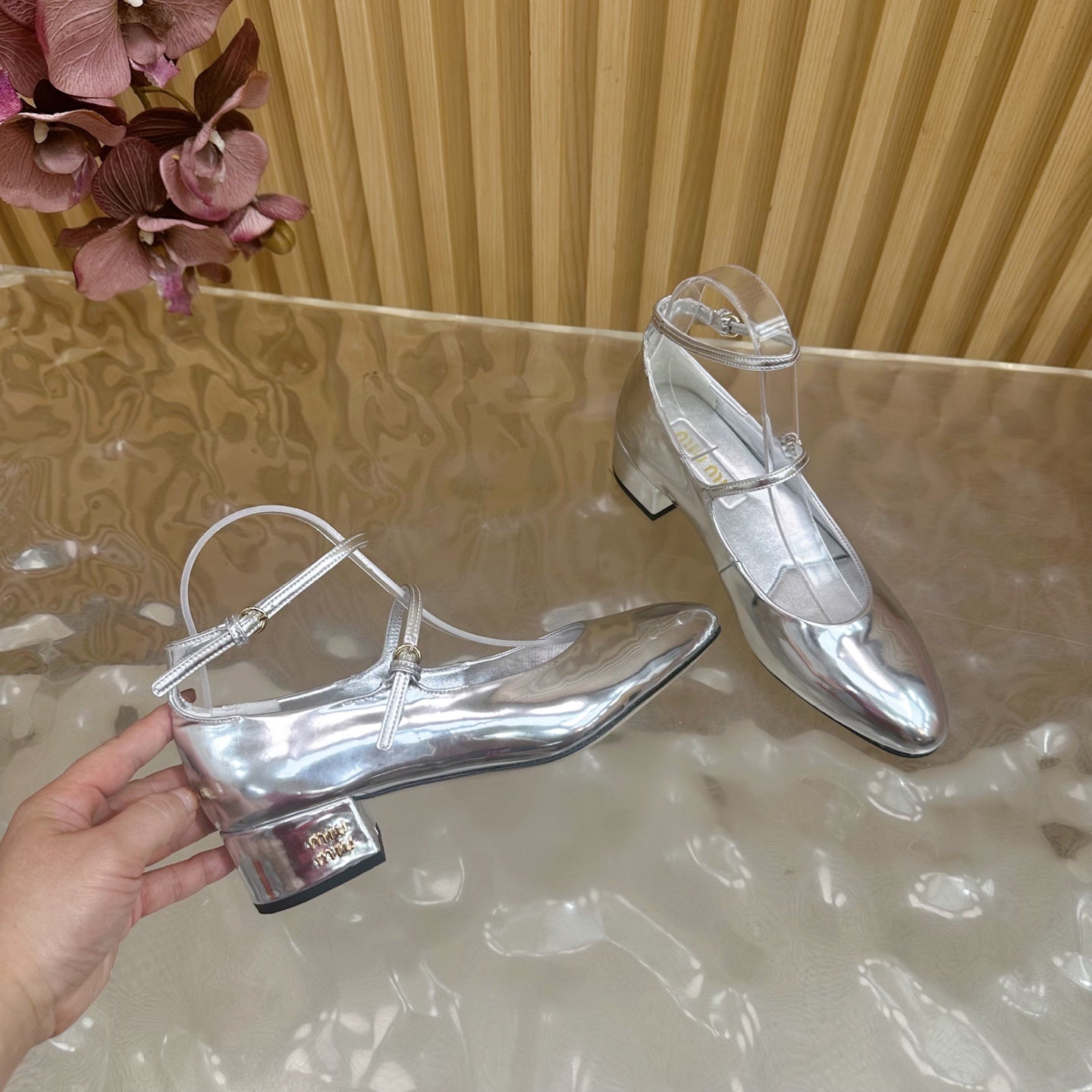 Miu Slingback Pumps With Straps 45mm Sliver Patent Leather 498172