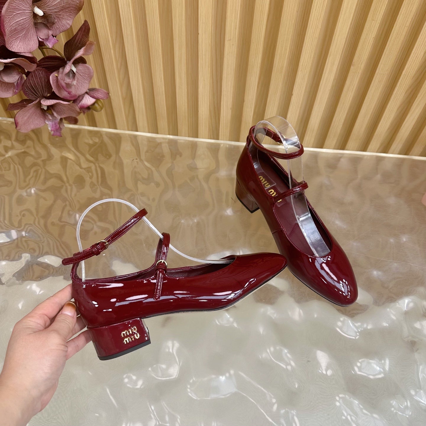 Miu Slingback Pumps With Straps 45mm Deep Red Patent Leather 498173