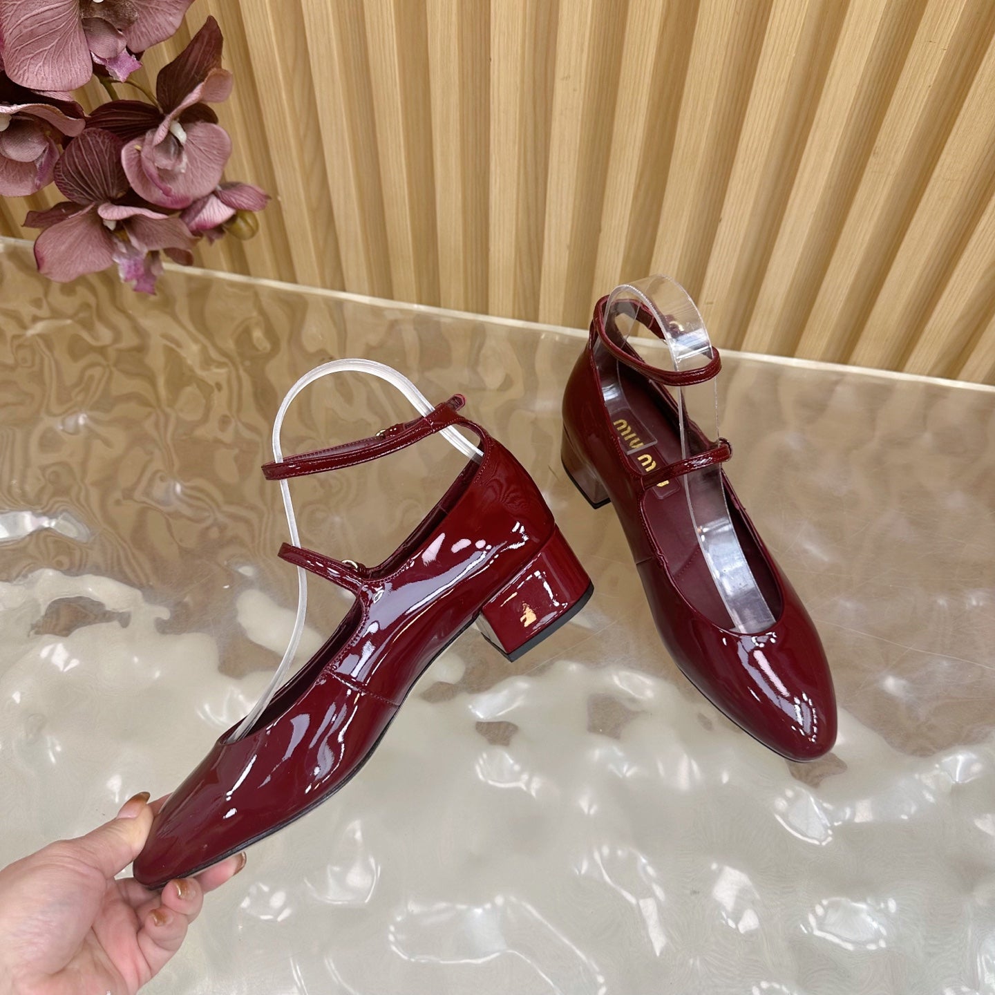 Miu Slingback Pumps With Straps 45mm Deep Red Patent Leather 498173