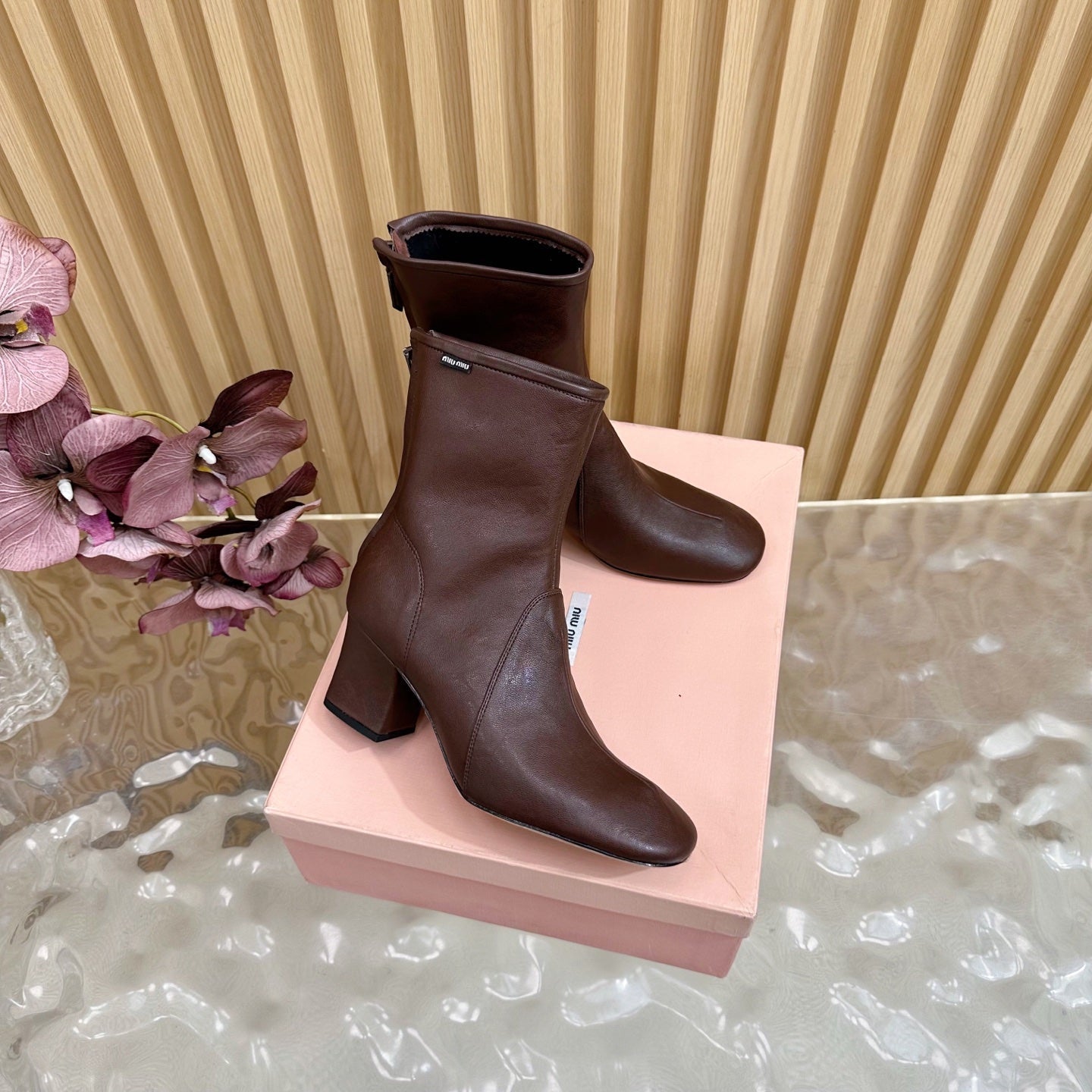 Miu Bootie Deep Reddish Brown Nappa Leather 498178