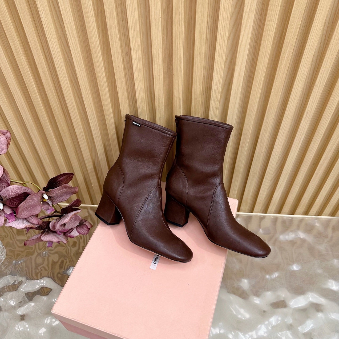 Miu Bootie Deep Reddish Brown Nappa Leather 498178