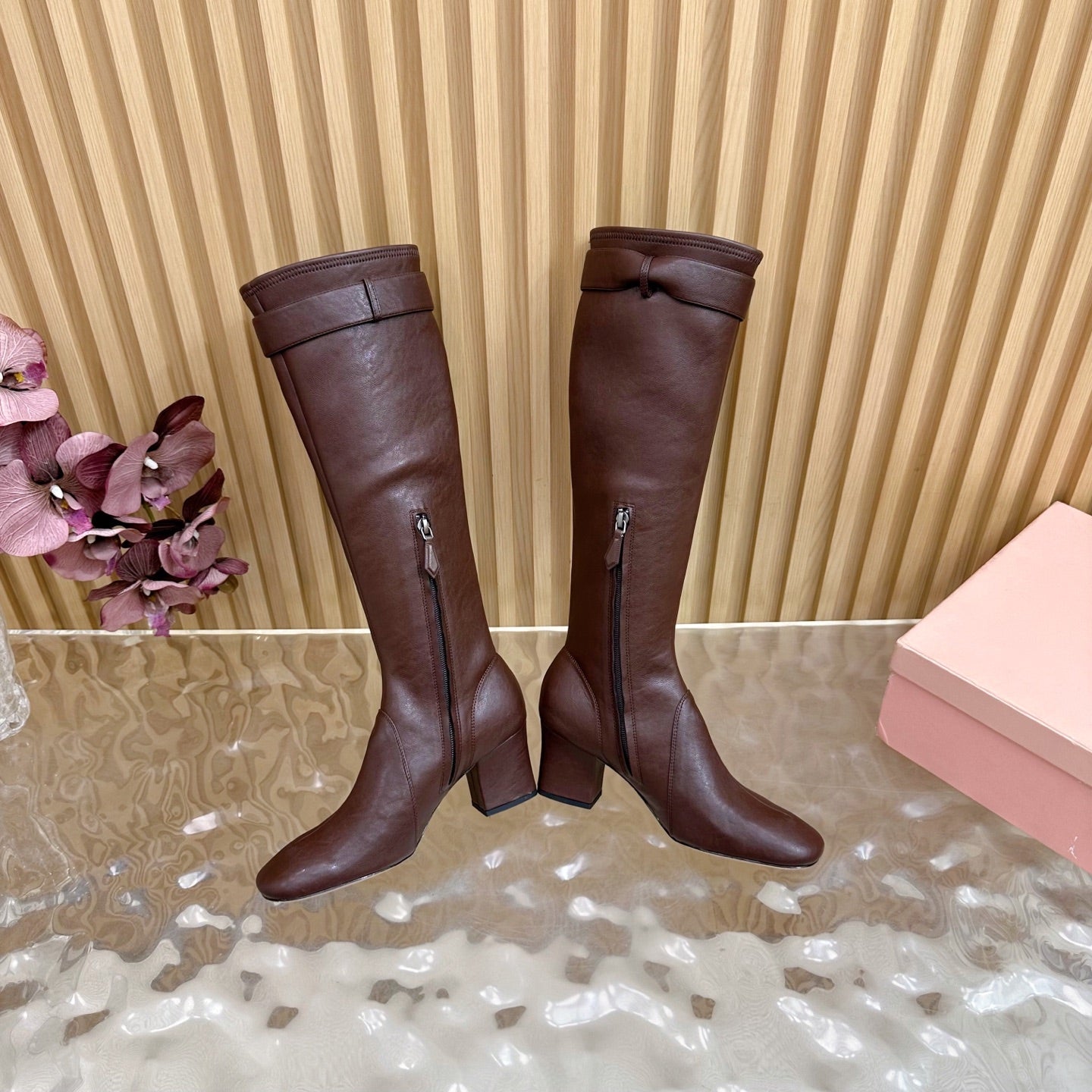 Miu Boots With Buckle Deep Reddish Brown Nappa Leather 498181