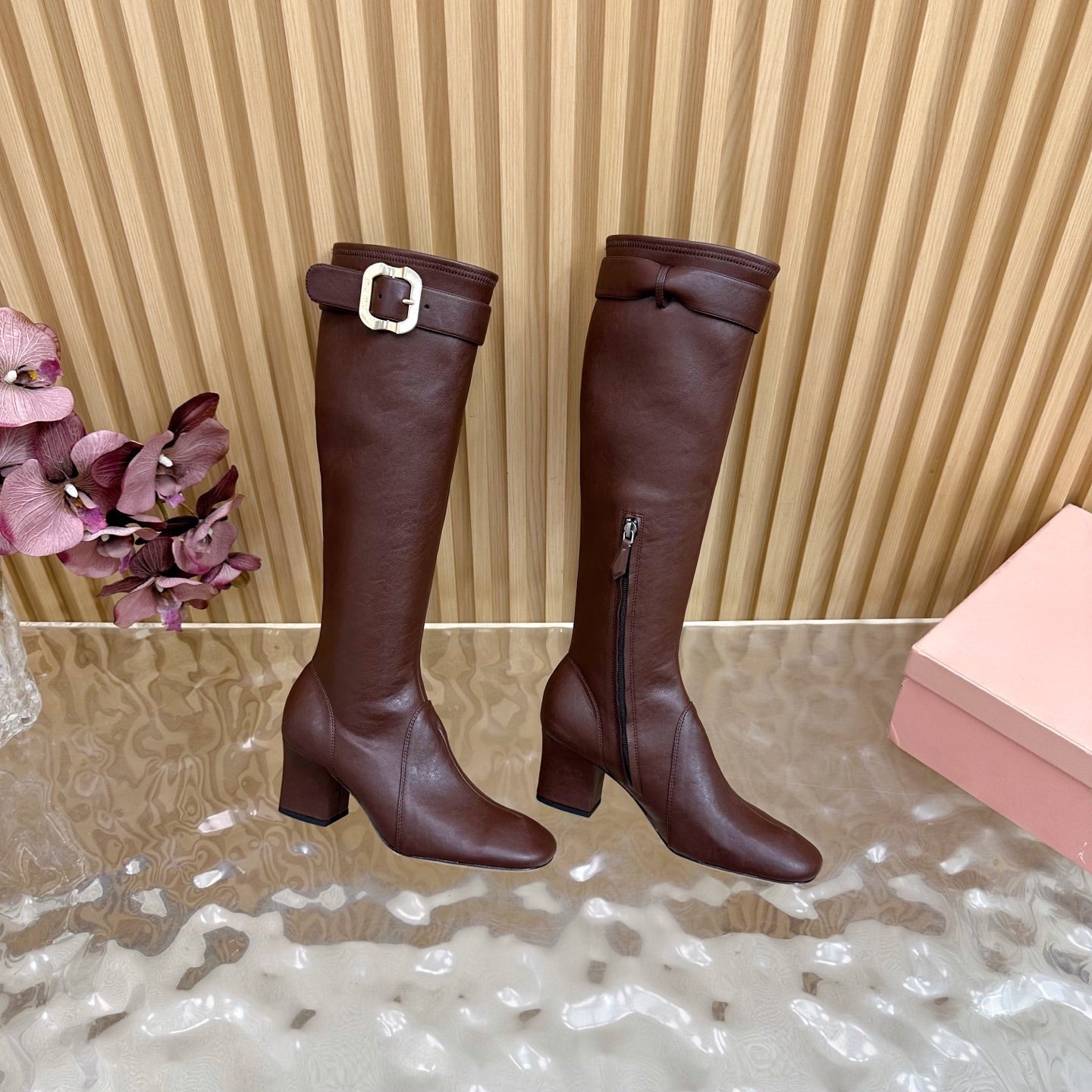 Miu Boots With Buckle Deep Reddish Brown Nappa Leather 498181