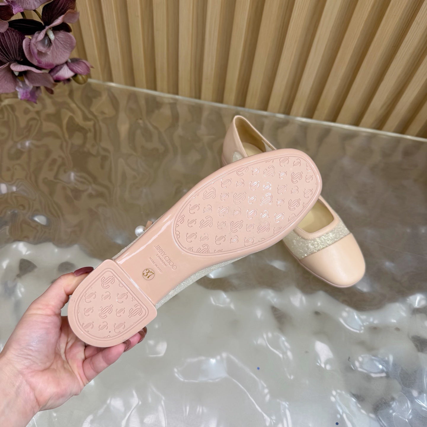 Jimmy Choo Mary Jane Flat Shoes Nude Mesh Leather 537764