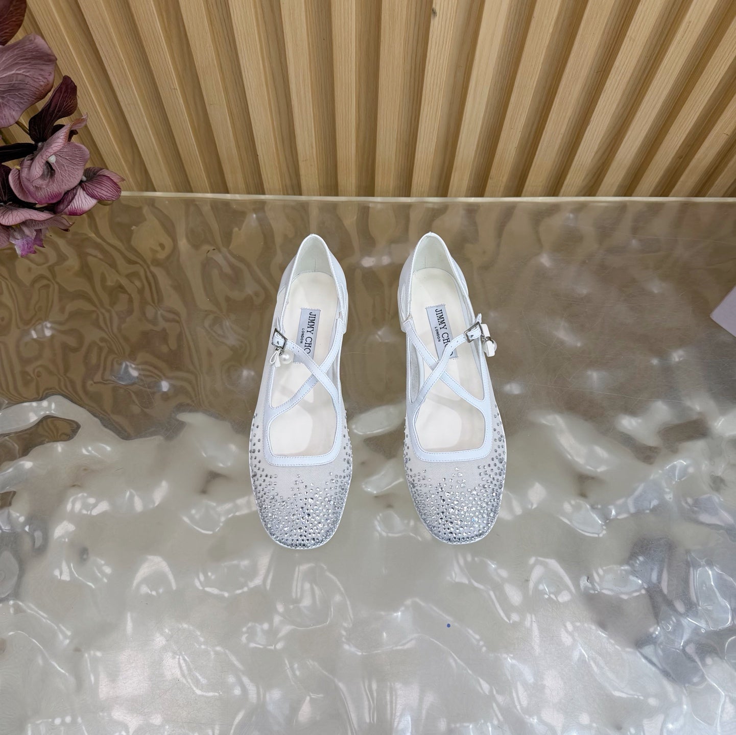 Jimmy Choo Mary Jane Flat Shoes White Mesh Cross Strap Pearl 537767