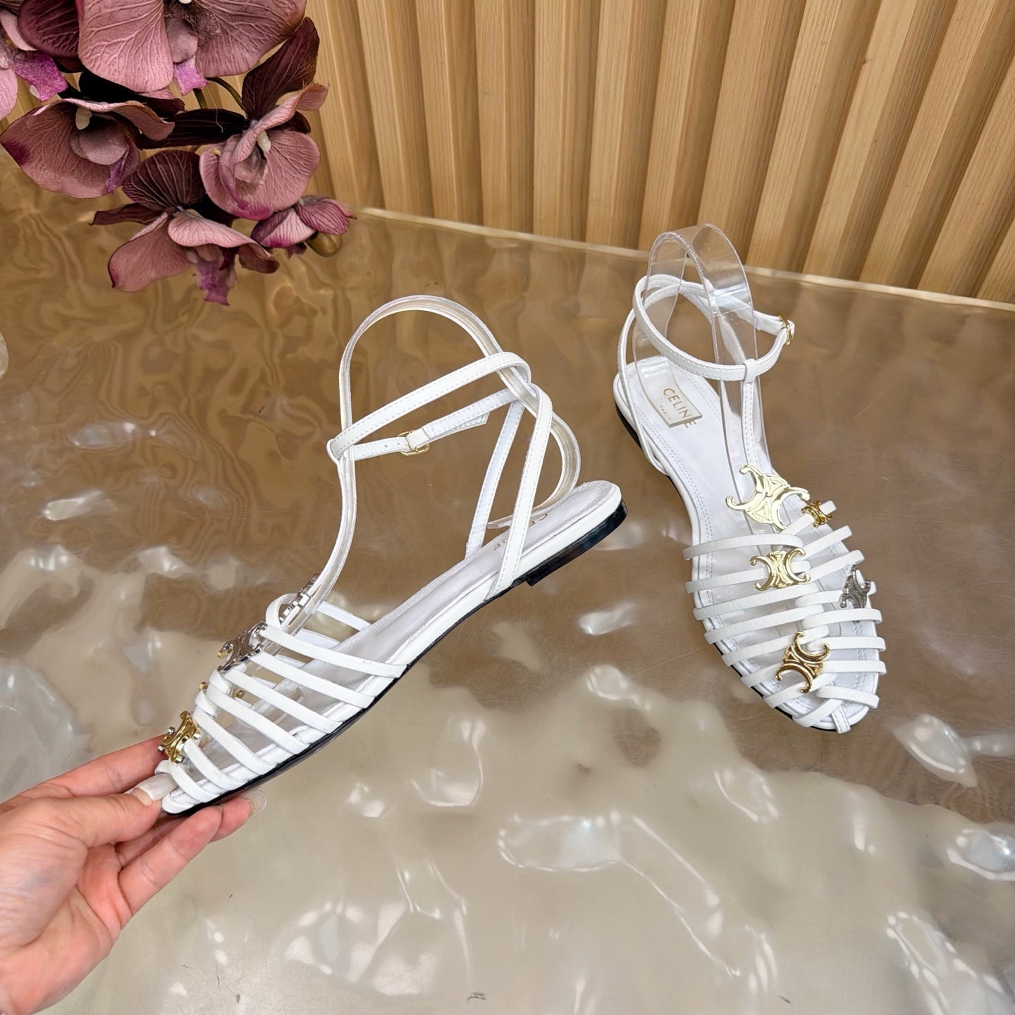 Celine 26s Cage Flat Sandals White Lambskin 898120