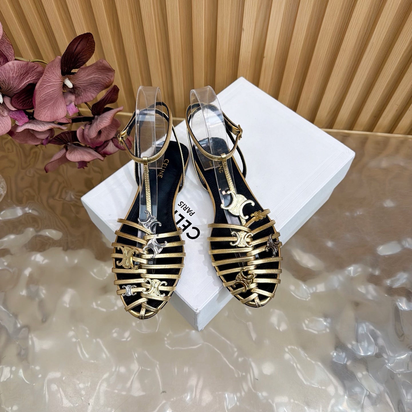 Celine 26s Cage Flat Sandals Gold Lambskin 898121