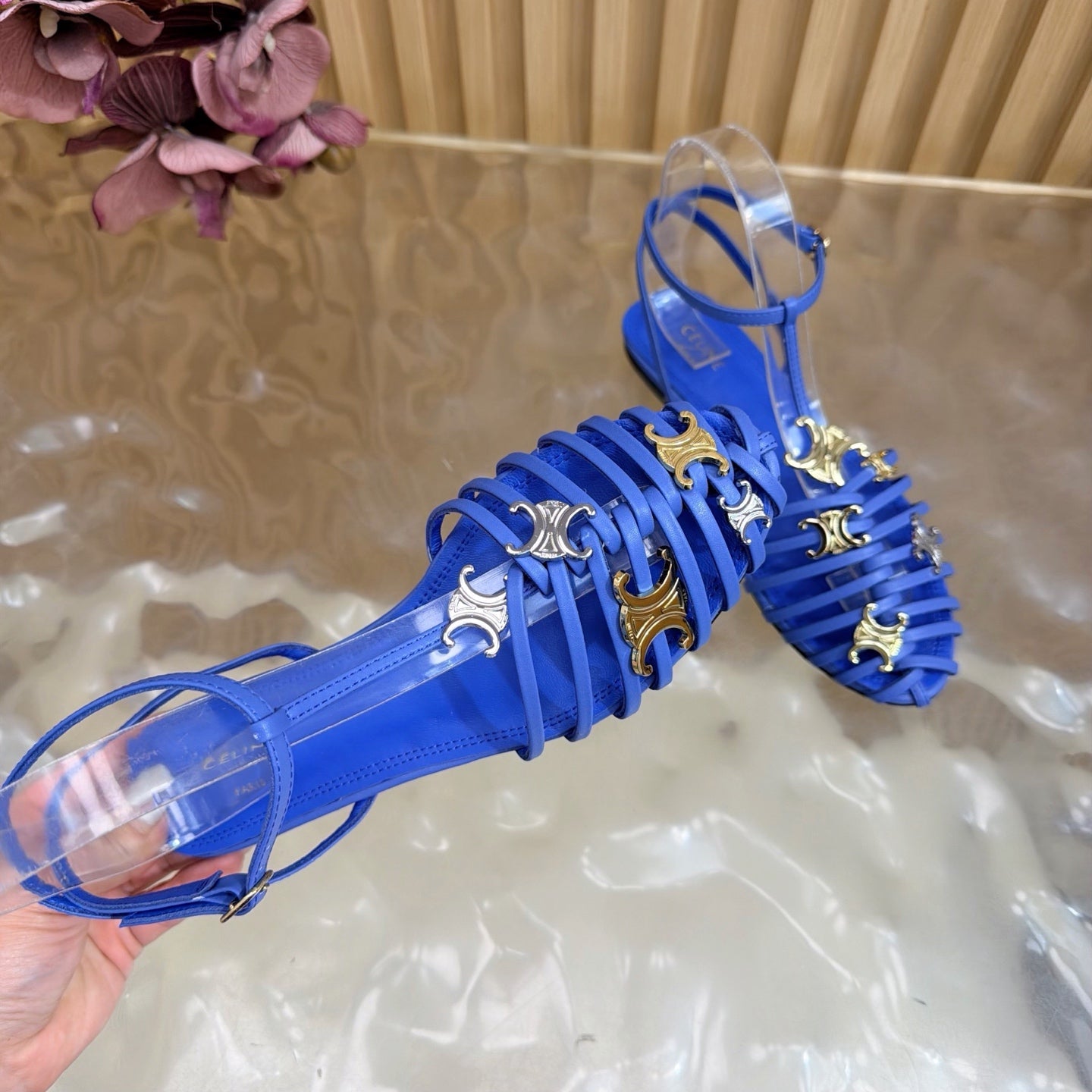 Celine 26s Cage Flat Sandals Blue Lambskin 898124