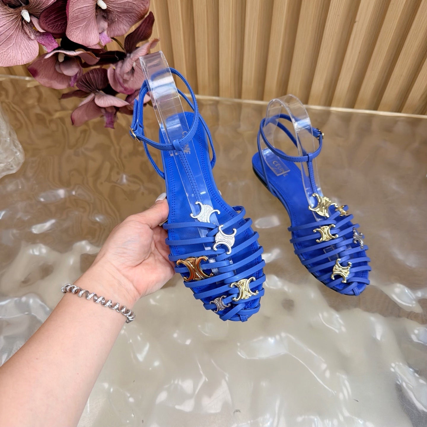 Celine 26s Cage Flat Sandals Blue Lambskin 898124