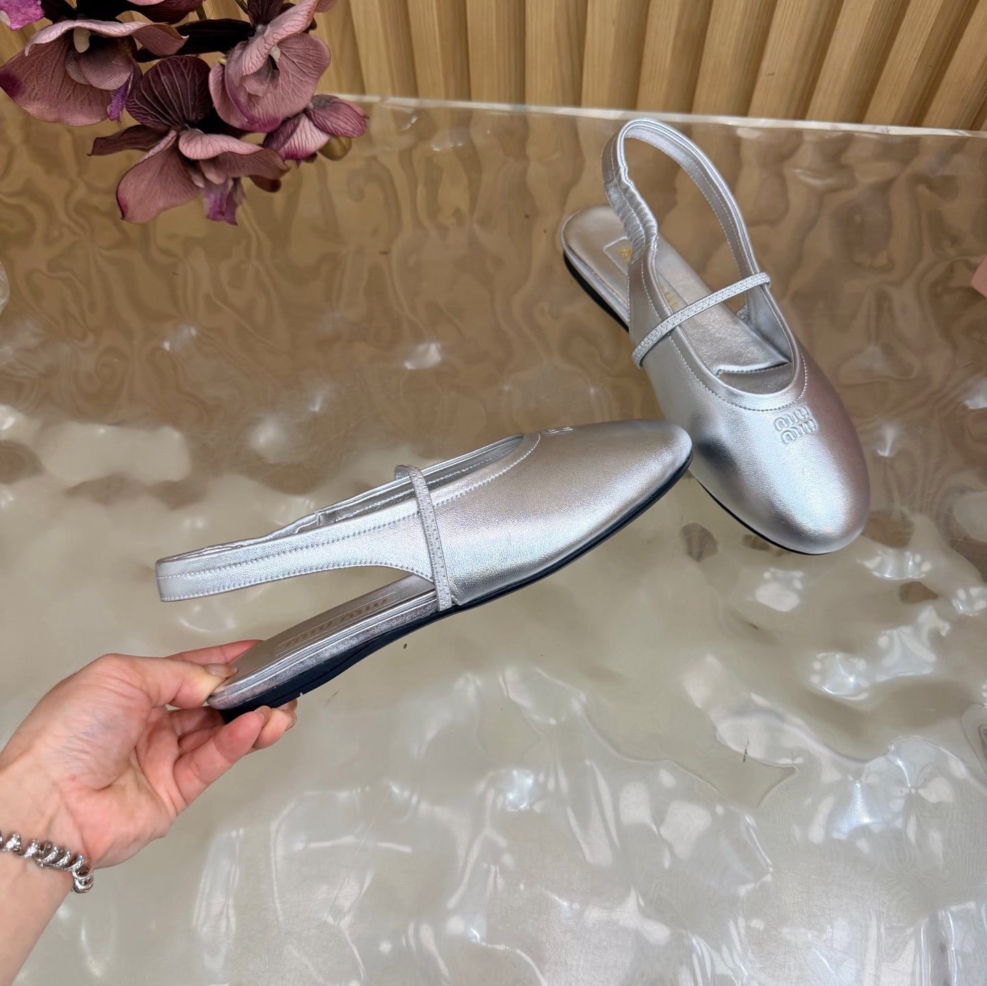 Miu 26s Slingback Ballerinas Sliver Lambskin 933412