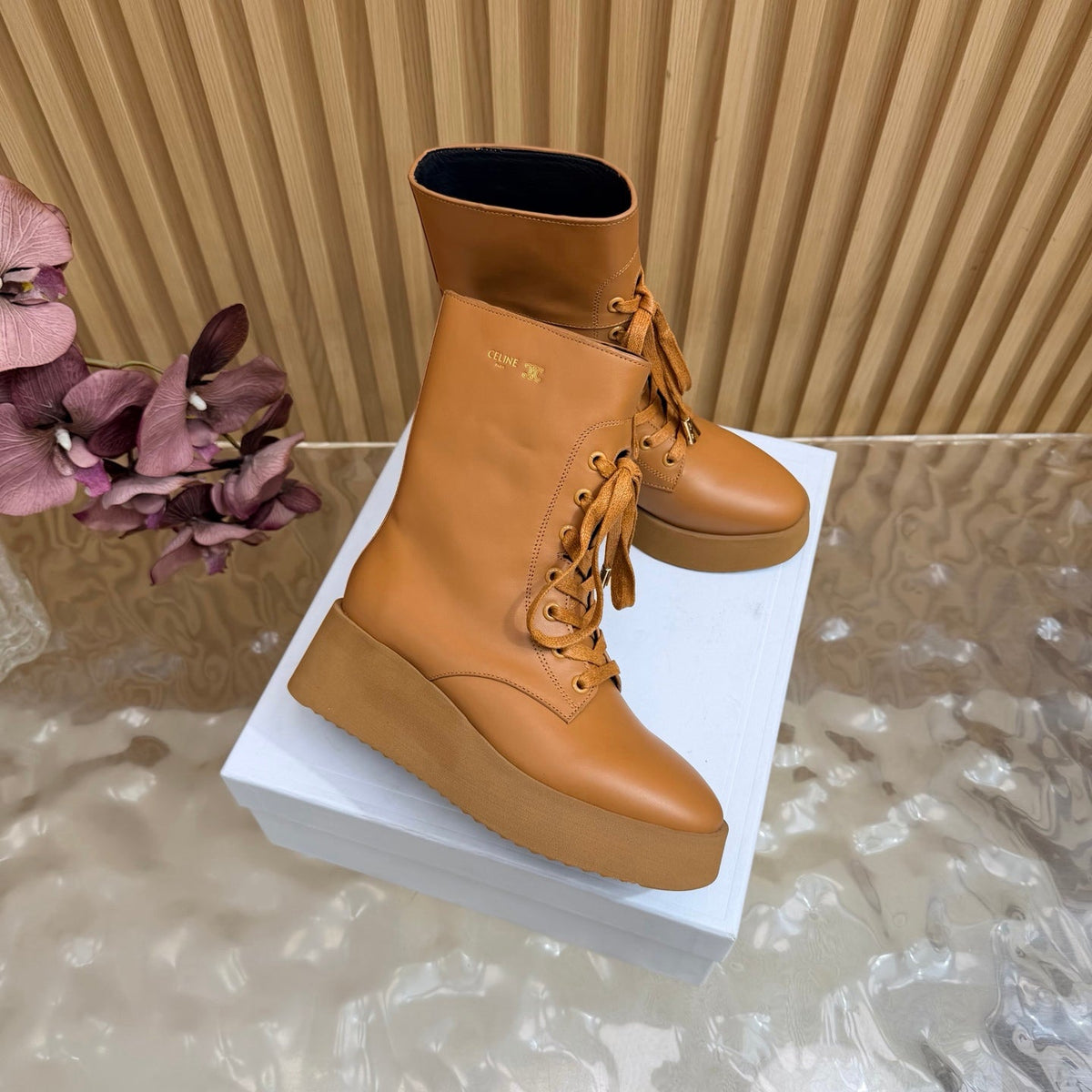 CE 26s Wedge Combat Boots 5cm Tan Leather 131454