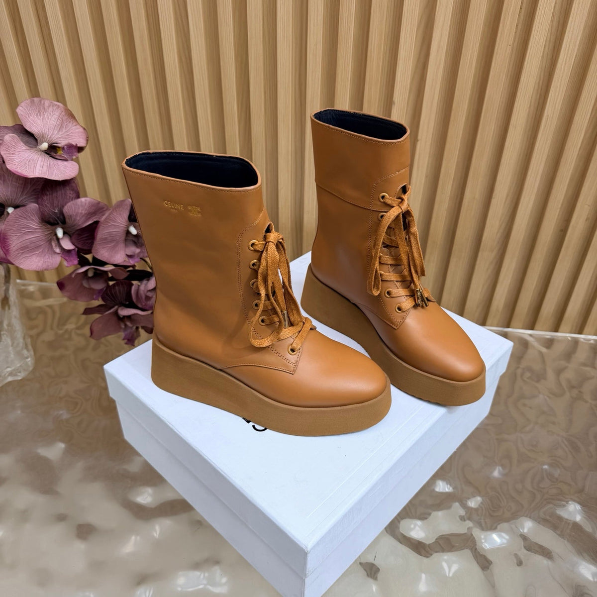 CE 26s Wedge Combat Boots 5cm Tan Leather 131454