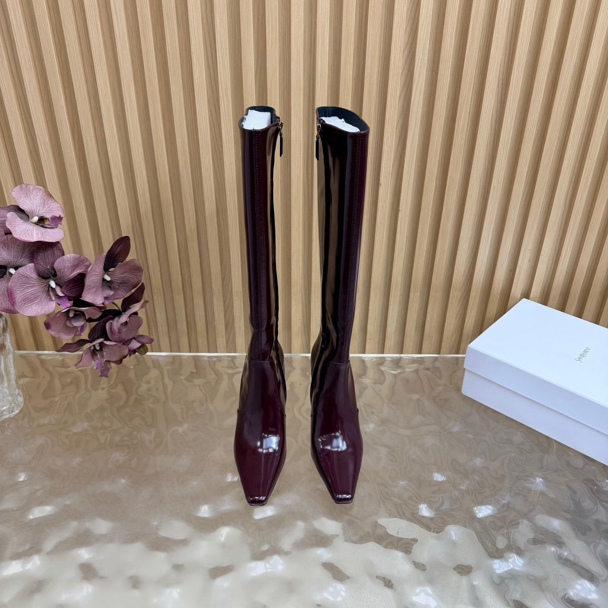 YSL 26s Pointed Toe Knee High Boots 8cm Burgundy Patent Leather 122779