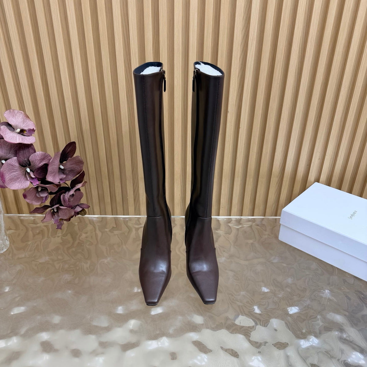 YSL 26s Pointed Toe Knee High Boots 8cm Dark Brown Leather 122783