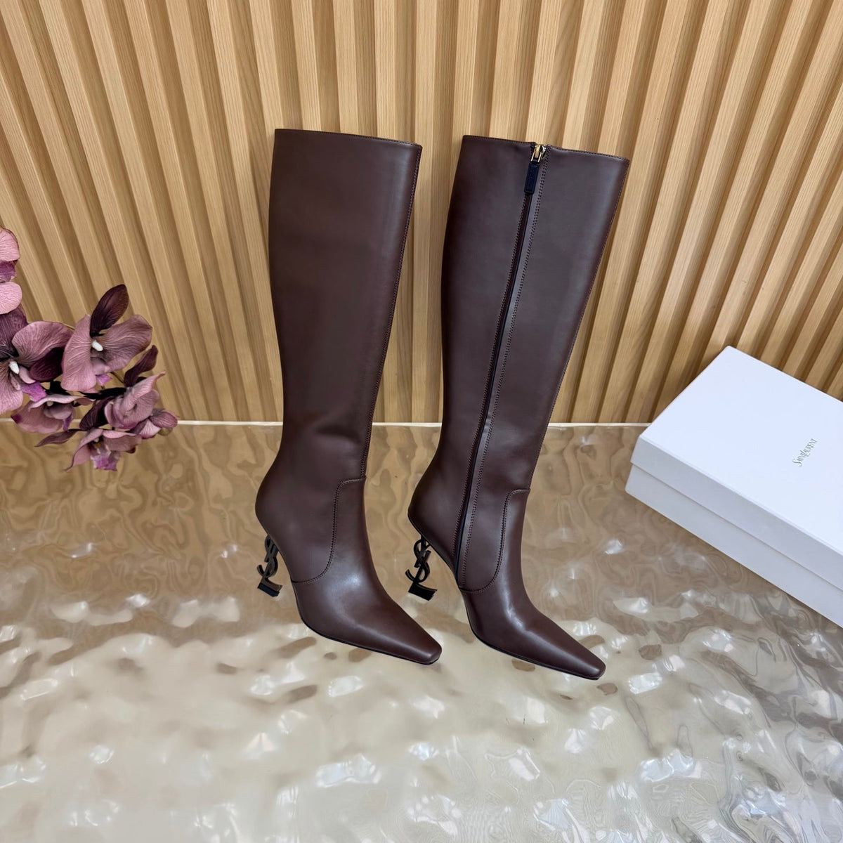 YSL 26s Pointed Toe Knee High Boots 8cm Dark Brown Leather 122783
