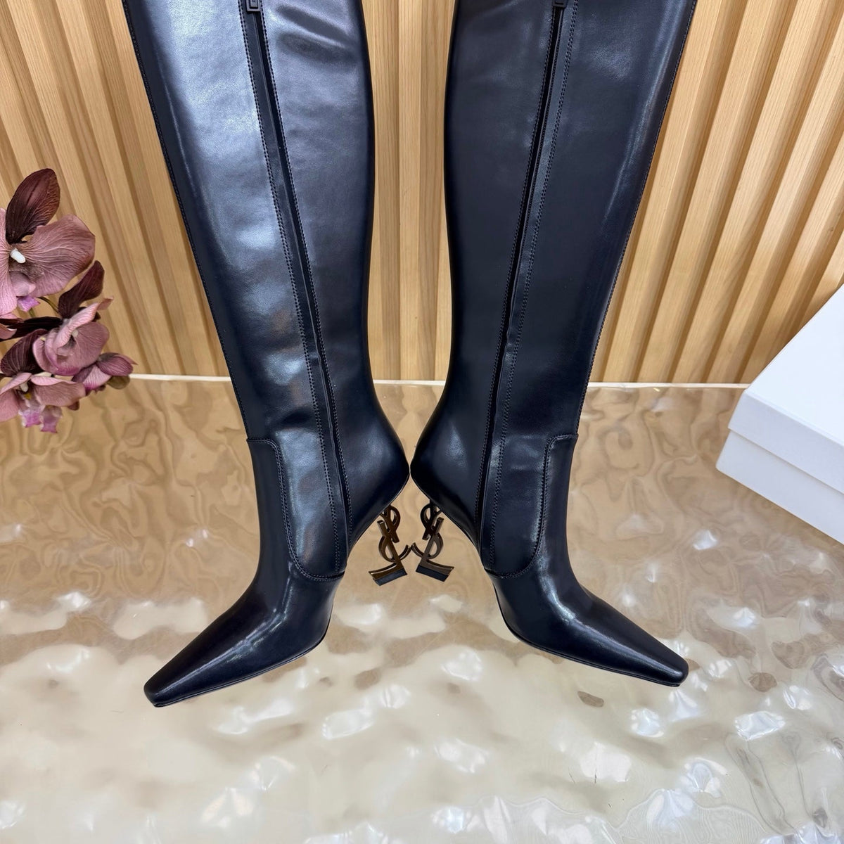 YSL 26s Pointed Toe Knee High Boots 8cm Black Leather 122784