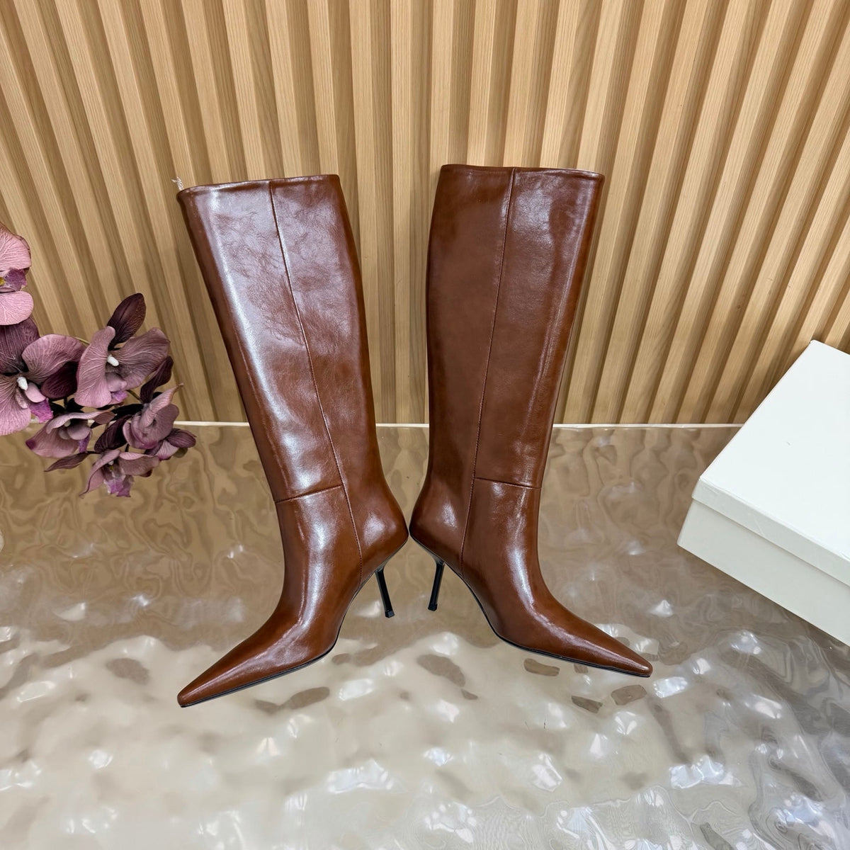 YSL 26s Pointed Toe Knee High Boots 8cm Brown Leather 122773