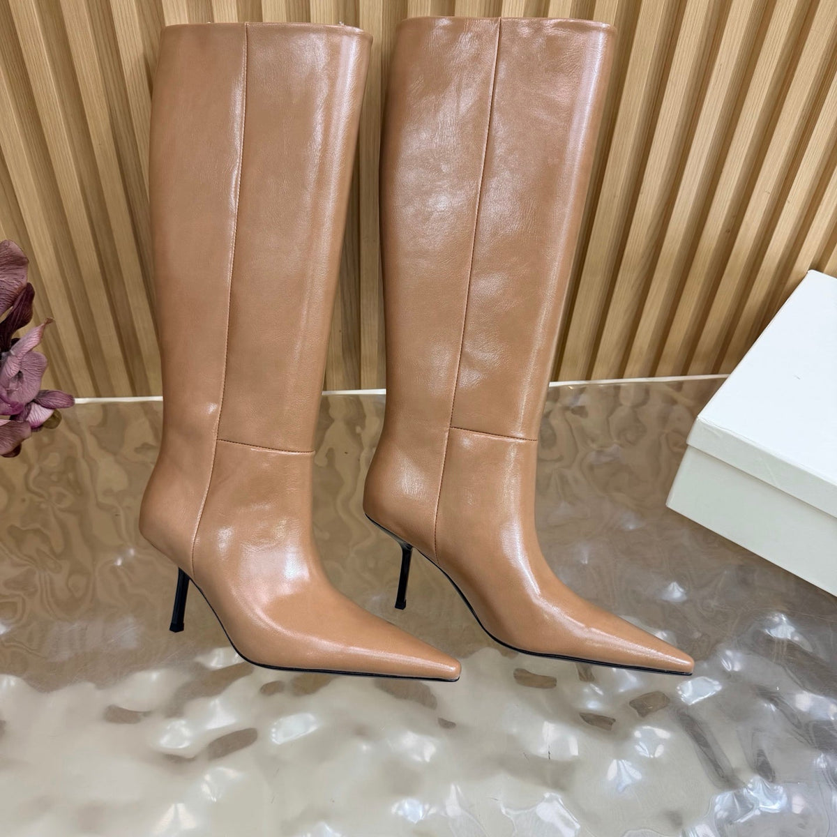 YSL 26s Pointed Toe Knee High Boots 8cm Beige Leather 122775