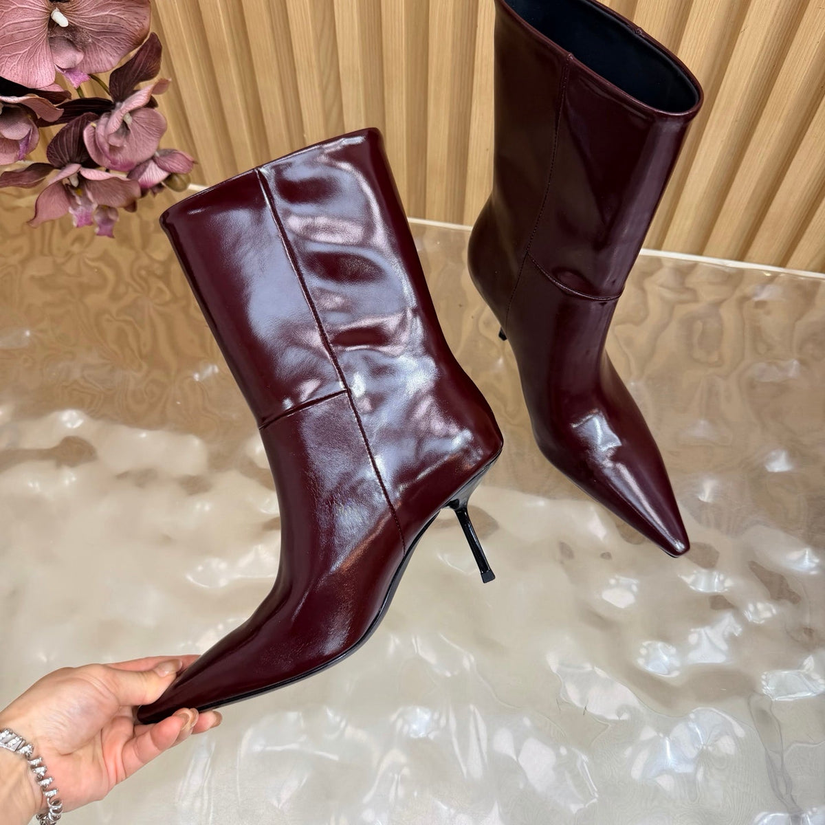 YSL 26s Pointed Toe Ankle Boots 8cm Burgundy Patent Leather 122766
