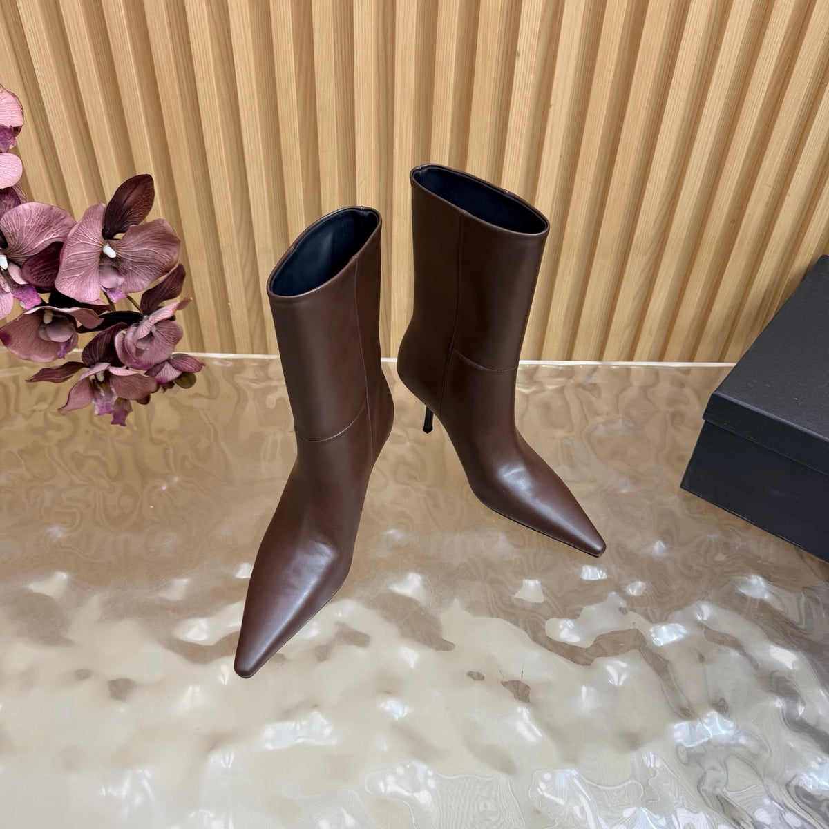 YSL 26s Pointed Toe Ankle Boots Dark Brown Leather 122788