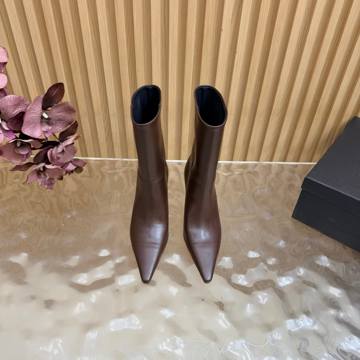 YSL 26s Pointed Toe Ankle Boots Dark Brown Leather 122788