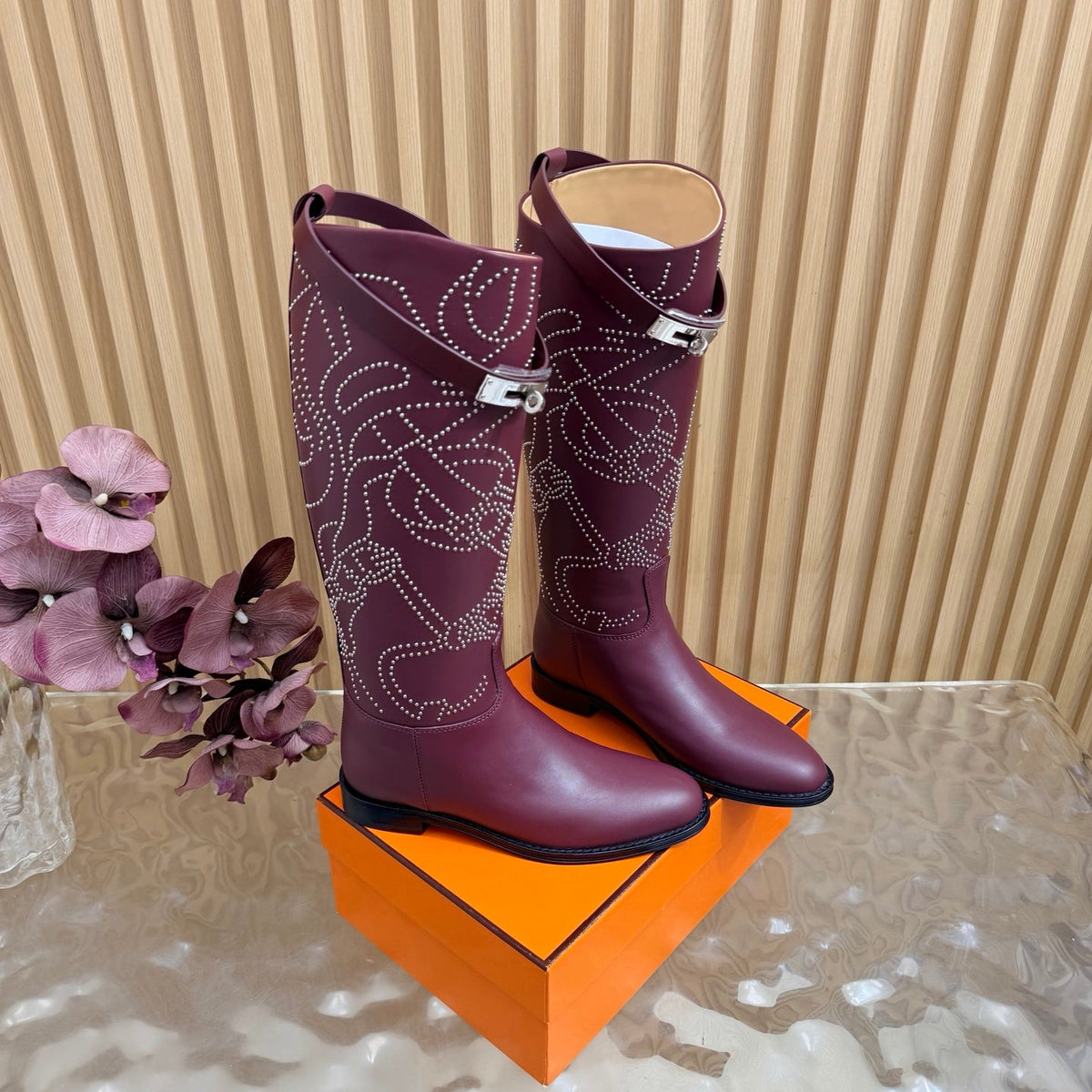 Hermes 26S Studded Jumping Boots 3cm Burgundy Leather 114942