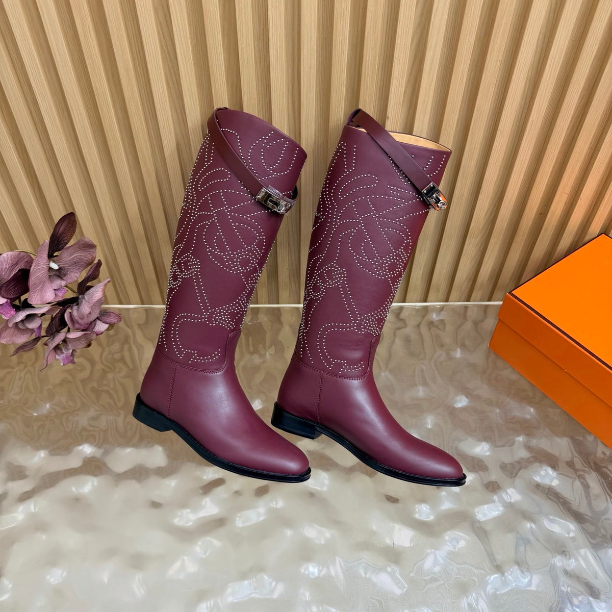 Hermes 26S Studded Jumping Boots 3cm Burgundy Leather 114942