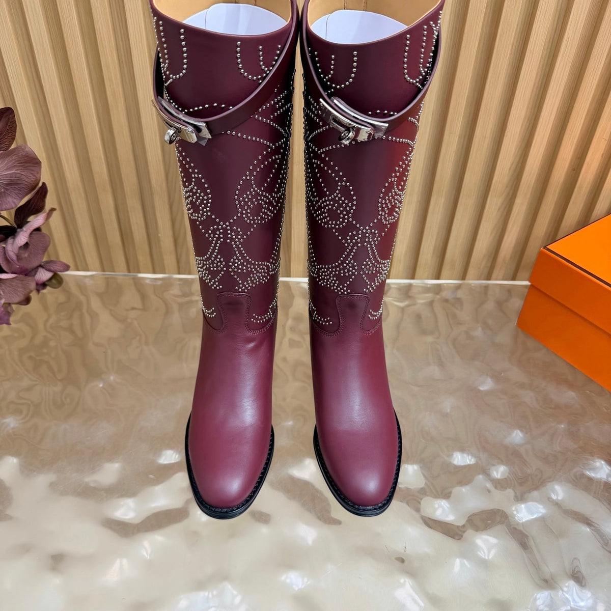 Hermes 26S Studded Jumping Boots 3cm Burgundy Leather 114942