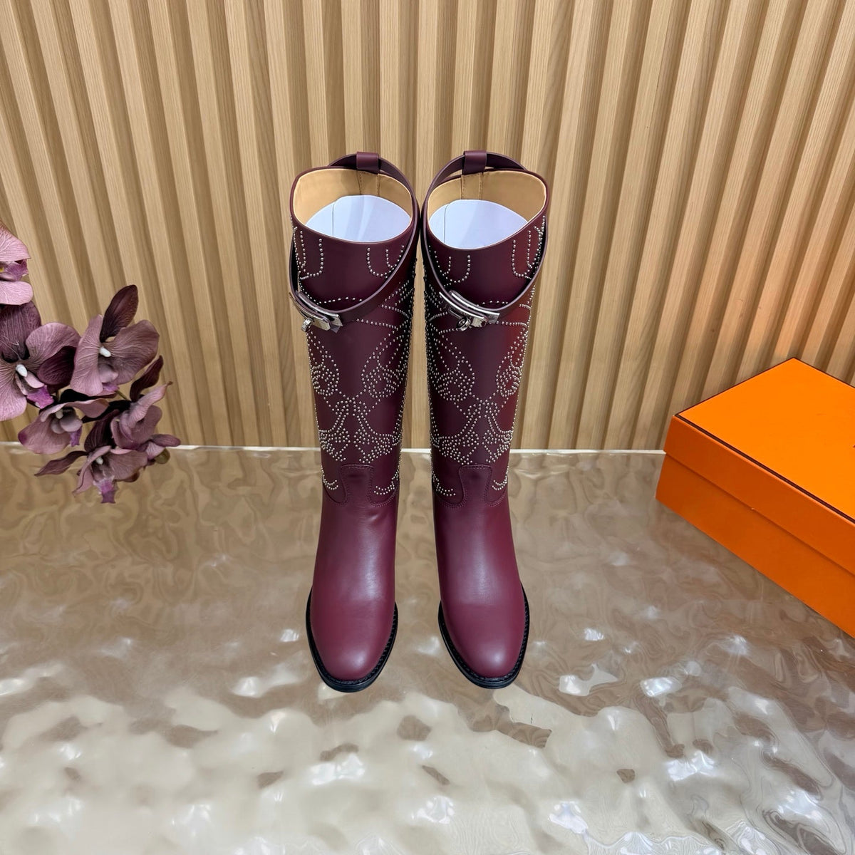 Hermes 26S Studded Jumping Boots 3cm Burgundy Leather 114942