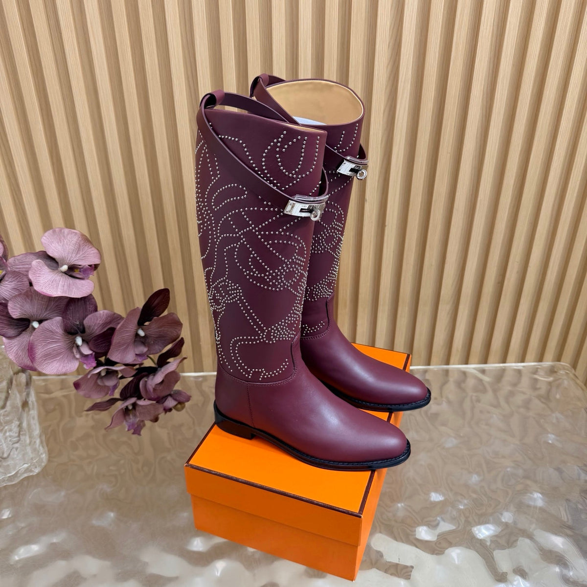 Hermes 26S Studded Jumping Boots 3cm Burgundy Leather 114942